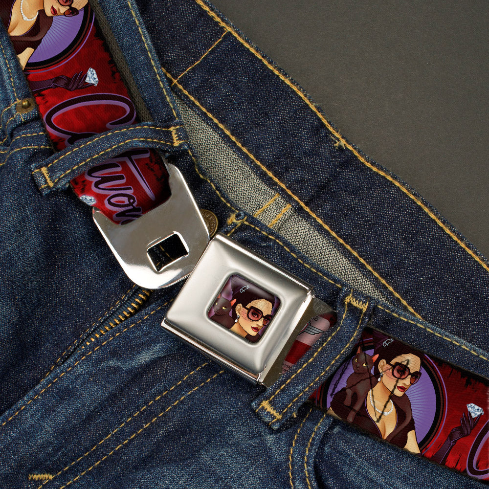 CATWOMAN Bombshell Face CLOSE-UP Full Color Red Seatbelt Belt - CATWOMAN Bombshell Pose/Diamonds Red/Purple/Black Webbing Seatbelt Belts DC Comics
