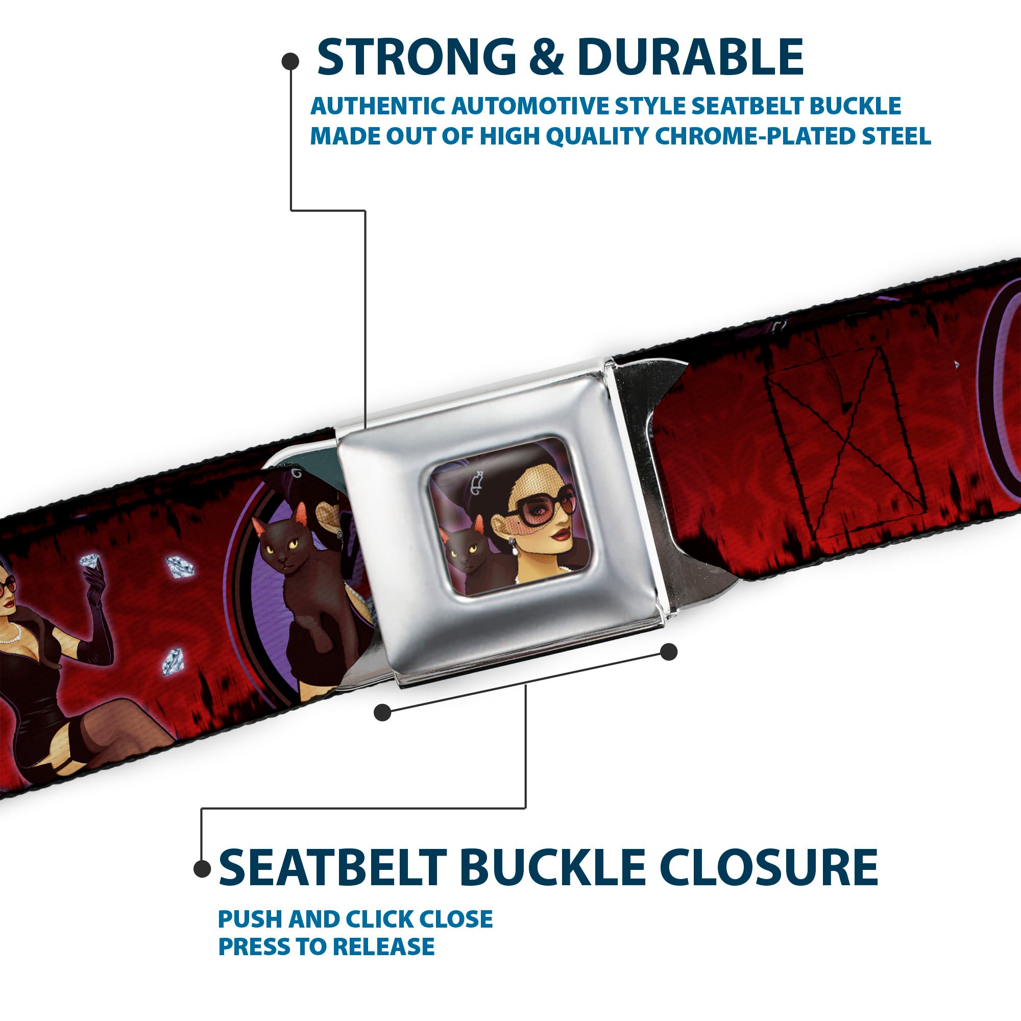 CATWOMAN Bombshell Face CLOSE-UP Full Color Red Seatbelt Belt - CATWOMAN Bombshell Pose/Diamonds Red/Purple/Black Webbing Seatbelt Belts DC Comics