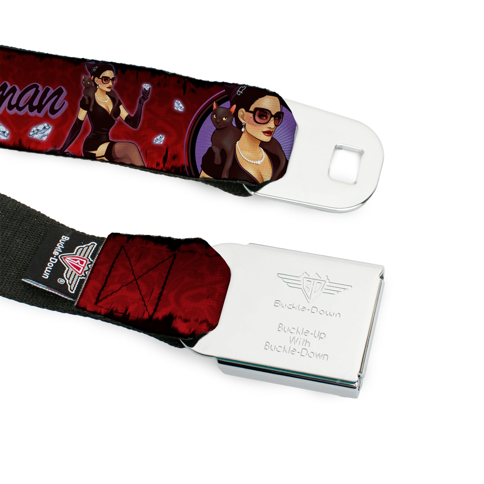 CATWOMAN Bombshell Face CLOSE-UP Full Color Red Seatbelt Belt - CATWOMAN Bombshell Pose/Diamonds Red/Purple/Black Webbing Seatbelt Belts DC Comics