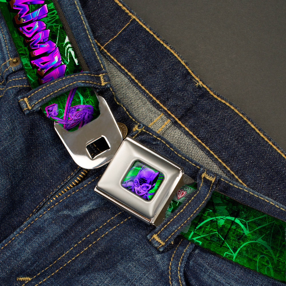 Catwoman Whip Pose Face CLOSE-UP Full Color Black Greens Purples Seatbelt Belt - CATWOMAN Whip Pose/Graffiti Black/Greens/Purples Webbing Seatbelt Belts DC Comics