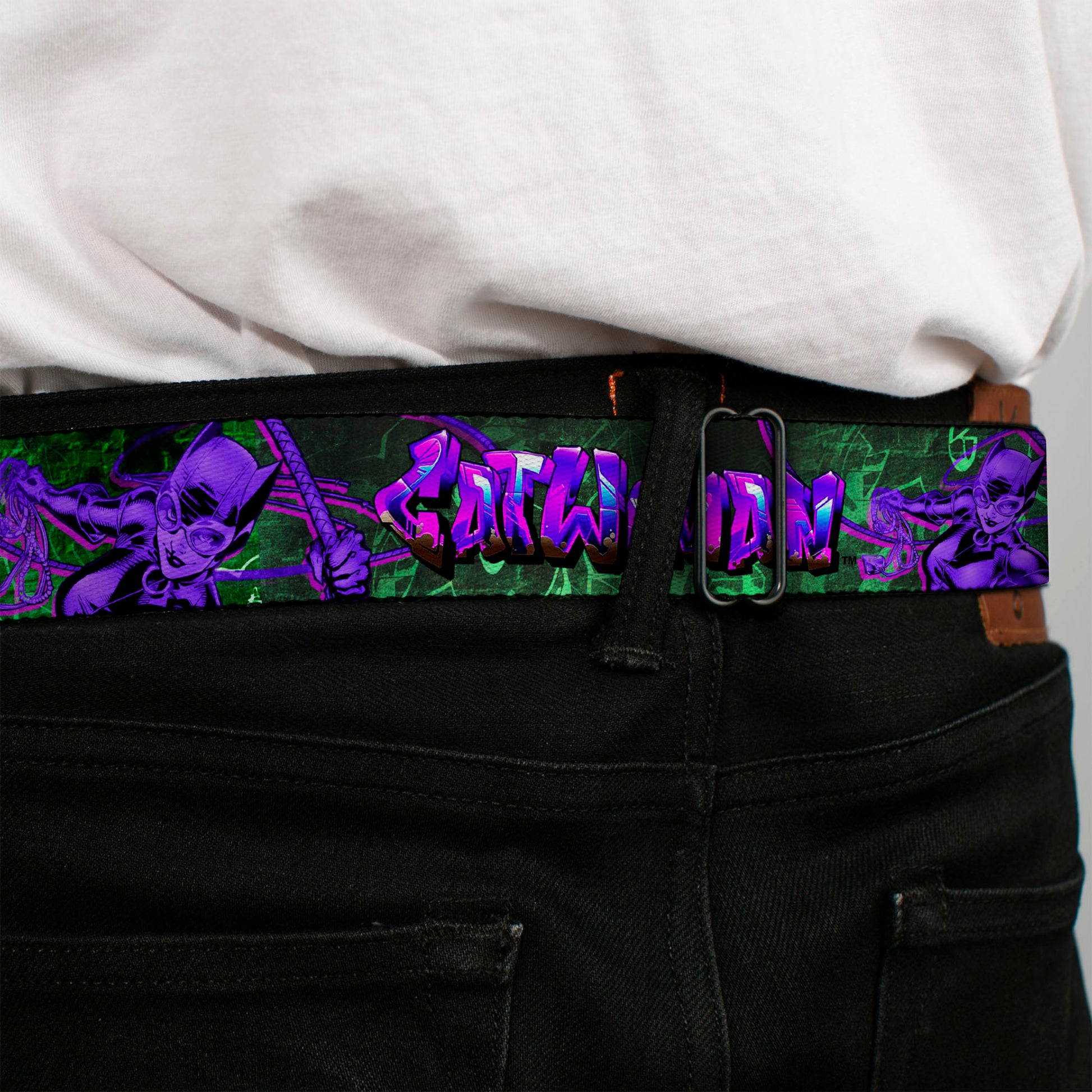 Catwoman Whip Pose Face CLOSE-UP Full Color Black Greens Purples Seatbelt Belt - CATWOMAN Whip Pose/Graffiti Black/Greens/Purples Webbing Seatbelt Belts DC Comics