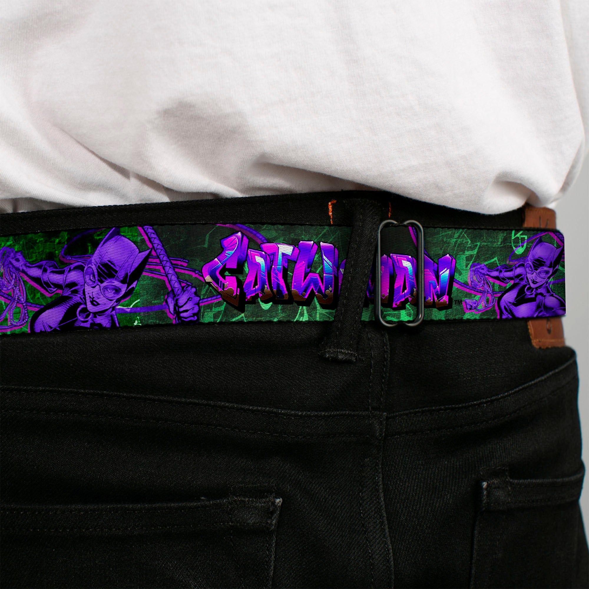 Catwoman Whip Pose Face CLOSE-UP Full Color Black Greens Purples Seatbelt Belt - CATWOMAN Whip Pose/Graffiti Black/Greens/Purples Webbing Seatbelt Belts DC Comics