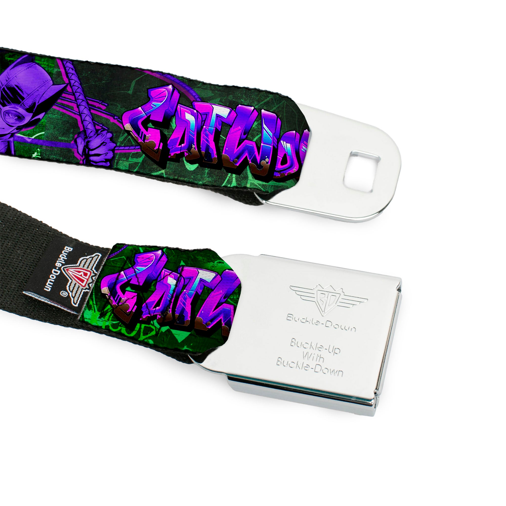 Catwoman Whip Pose Face CLOSE-UP Full Color Black Greens Purples Seatbelt Belt - CATWOMAN Whip Pose/Graffiti Black/Greens/Purples Webbing Seatbelt Belts DC Comics