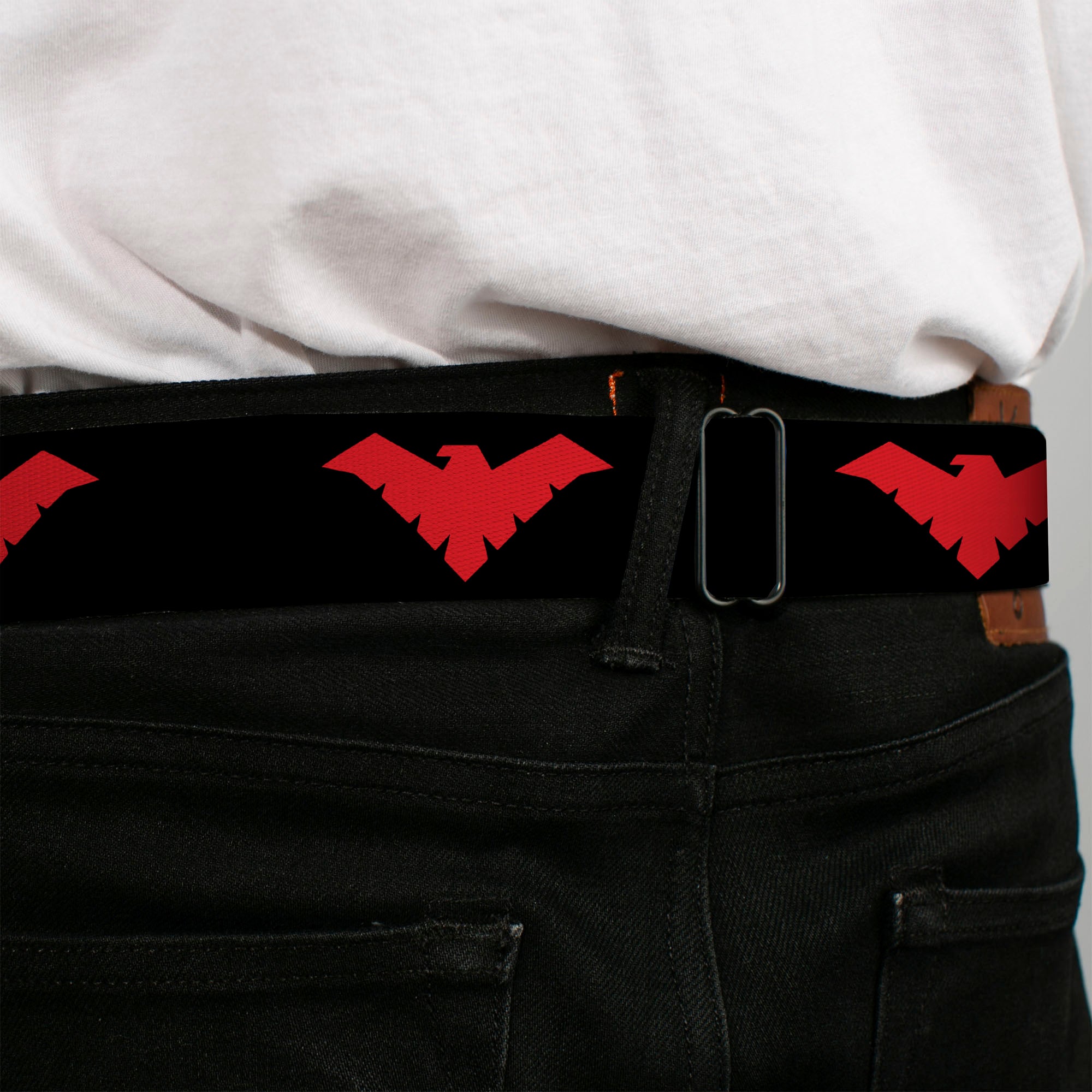 Nightwing Logo Full Color Black Red Seatbelt Belt - Nightwing Logo Black/Red Webbing Seatbelt Belts DC Comics