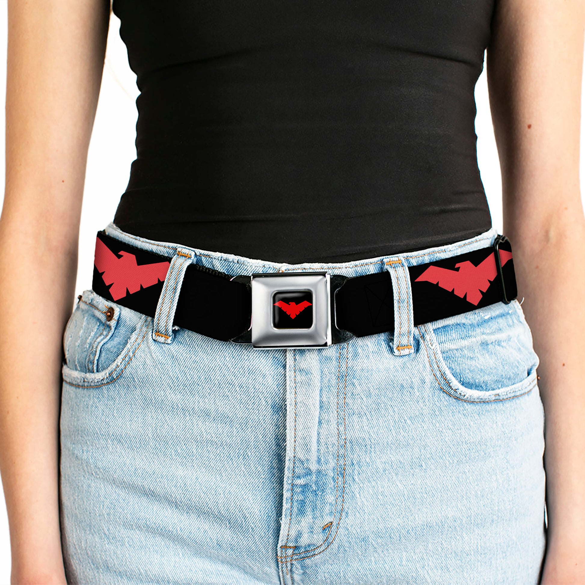 Nightwing Logo Full Color Black Red Seatbelt Belt - Nightwing Logo Black/Red Webbing Seatbelt Belts DC Comics
