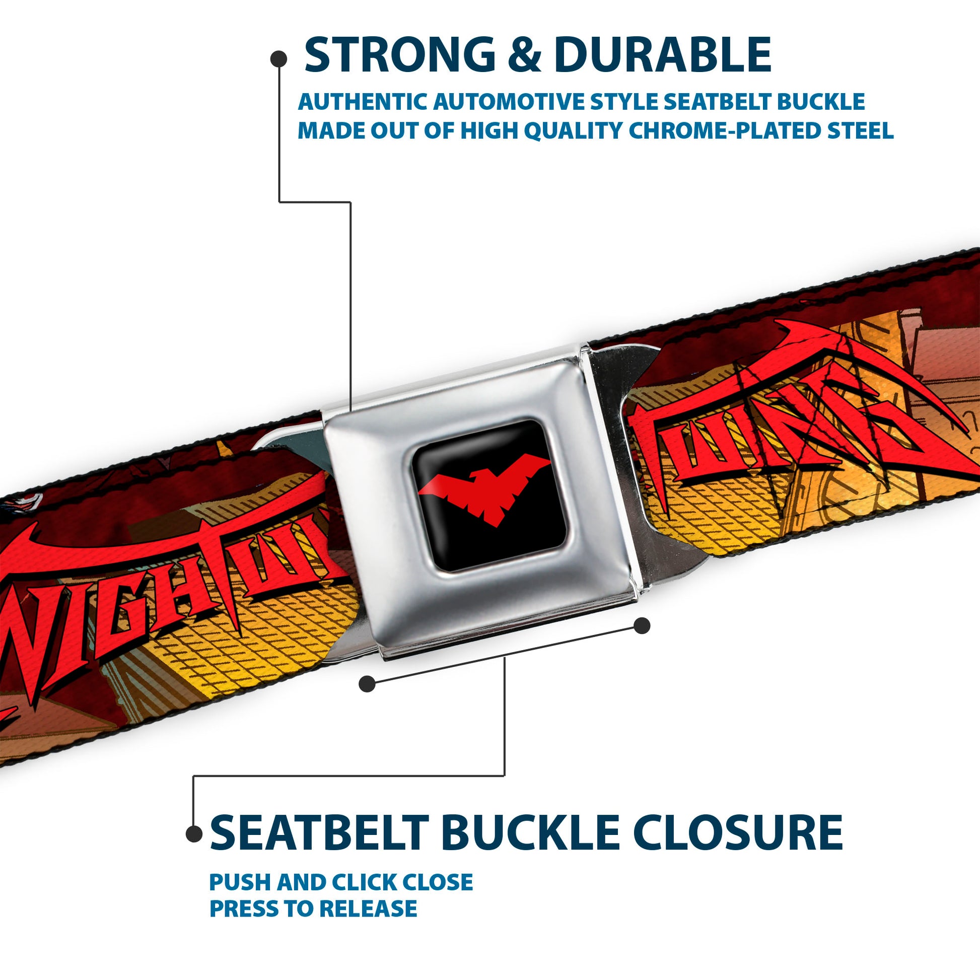 Nightwing Logo Full Color Black Red Seatbelt Belt - NIGHTWING Poses/Bats Welcome to Gotham Comic Book Cover Webbing Seatbelt Belts DC Comics