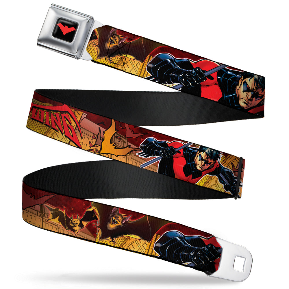 Nightwing Logo Full Color Black Red Seatbelt Belt - NIGHTWING Poses/Bats Welcome to Gotham Comic Book Cover Webbing Seatbelt Belts DC Comics