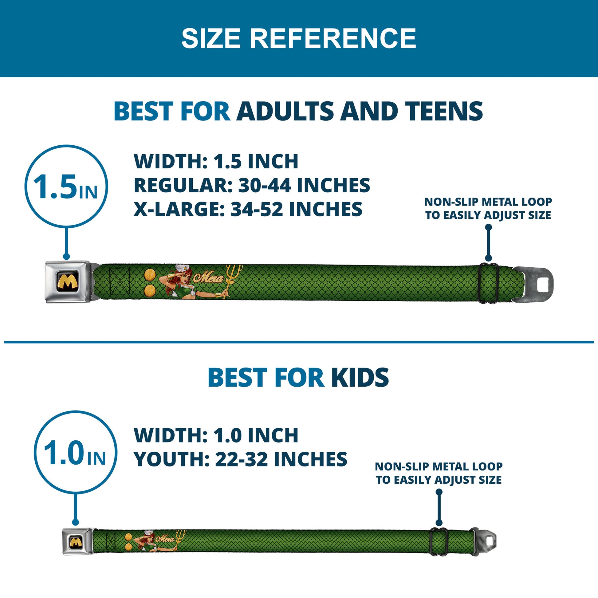 Mera Logo Full Color Black Red Gold Seatbelt Belt - MERA Bombshell Salute Pose/Scales Greens/Gold Webbing Seatbelt Belts DC Comics