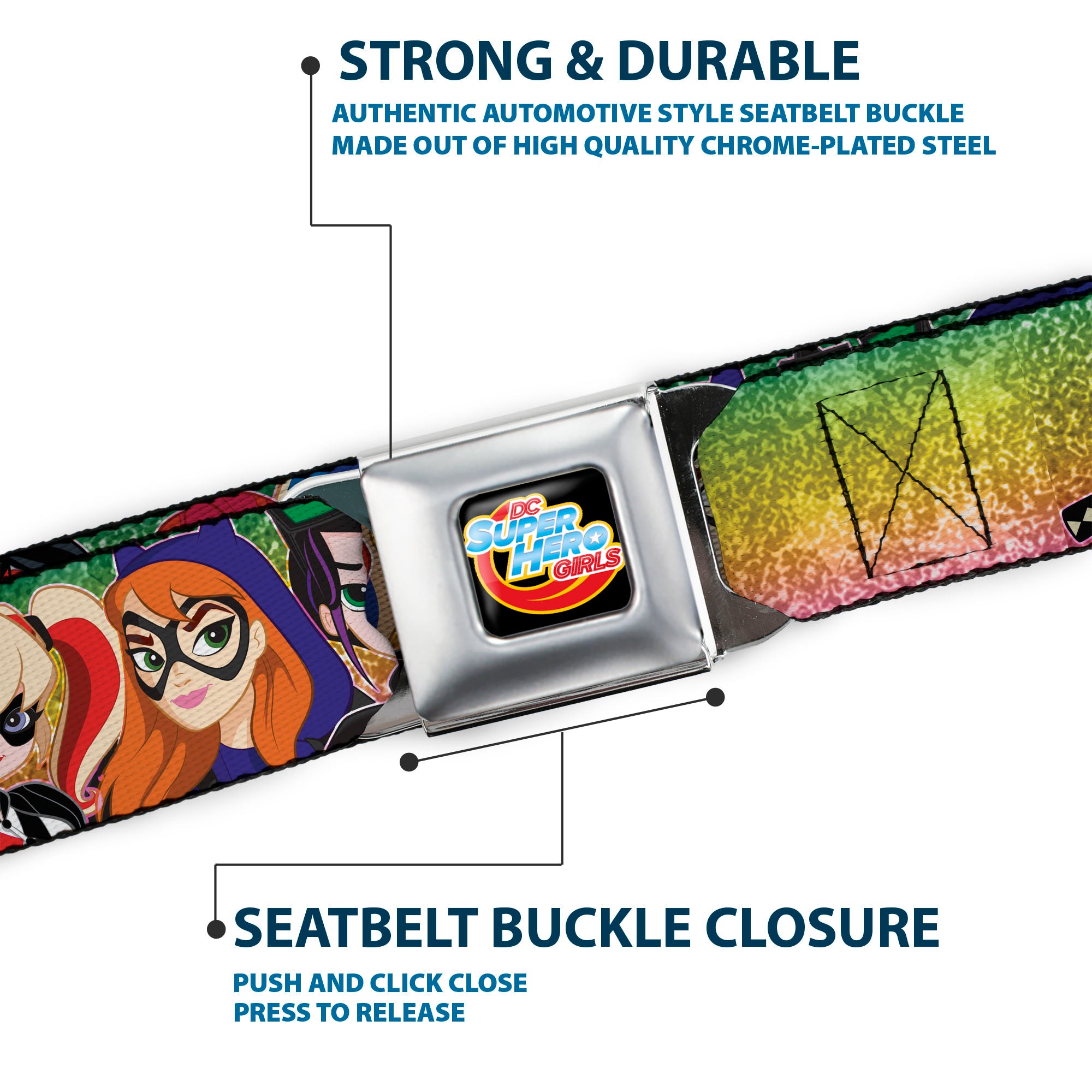 DC SUPERHERO GIRLS Logo Full Color Black Gold Red Blue Seatbelt Belt - DC SUPERHERO GIRLS 9-Character Group Pose Green/Yellow/Pink-Fade Webbing Seatbelt Belts DC Comics