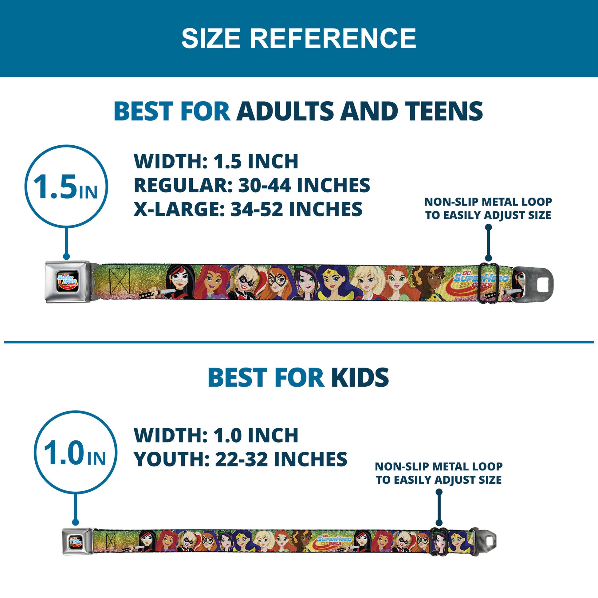 DC SUPERHERO GIRLS Logo Full Color Black Gold Red Blue Seatbelt Belt - DC SUPERHERO GIRLS 9-Character Group Pose Green/Yellow/Pink-Fade Webbing Seatbelt Belts DC Comics