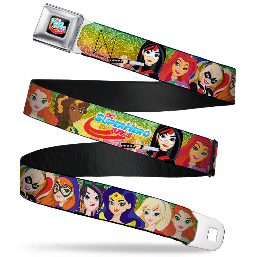 DC SUPERHERO GIRLS Logo Full Color Black Gold Red Blue Seatbelt Belt - DC SUPERHERO GIRLS 9-Character Group Pose Green/Yellow/Pink-Fade Webbing Seatbelt Belts DC Comics