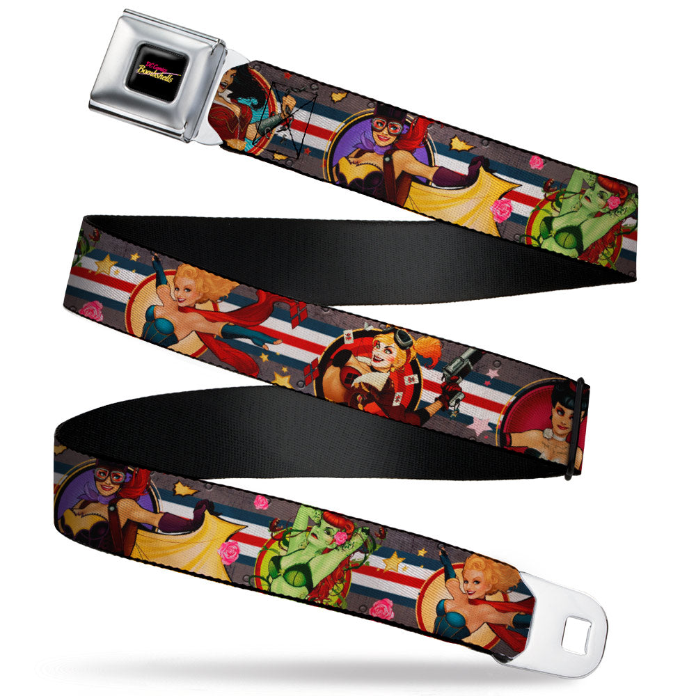 DC COMICS BOMBSHELLS Logo Full Color Black/Pinks/Yellow Seatbelt Belt - DC Bombshell Pin-Up Girls Webbing Seatbelt Belts DC Comics