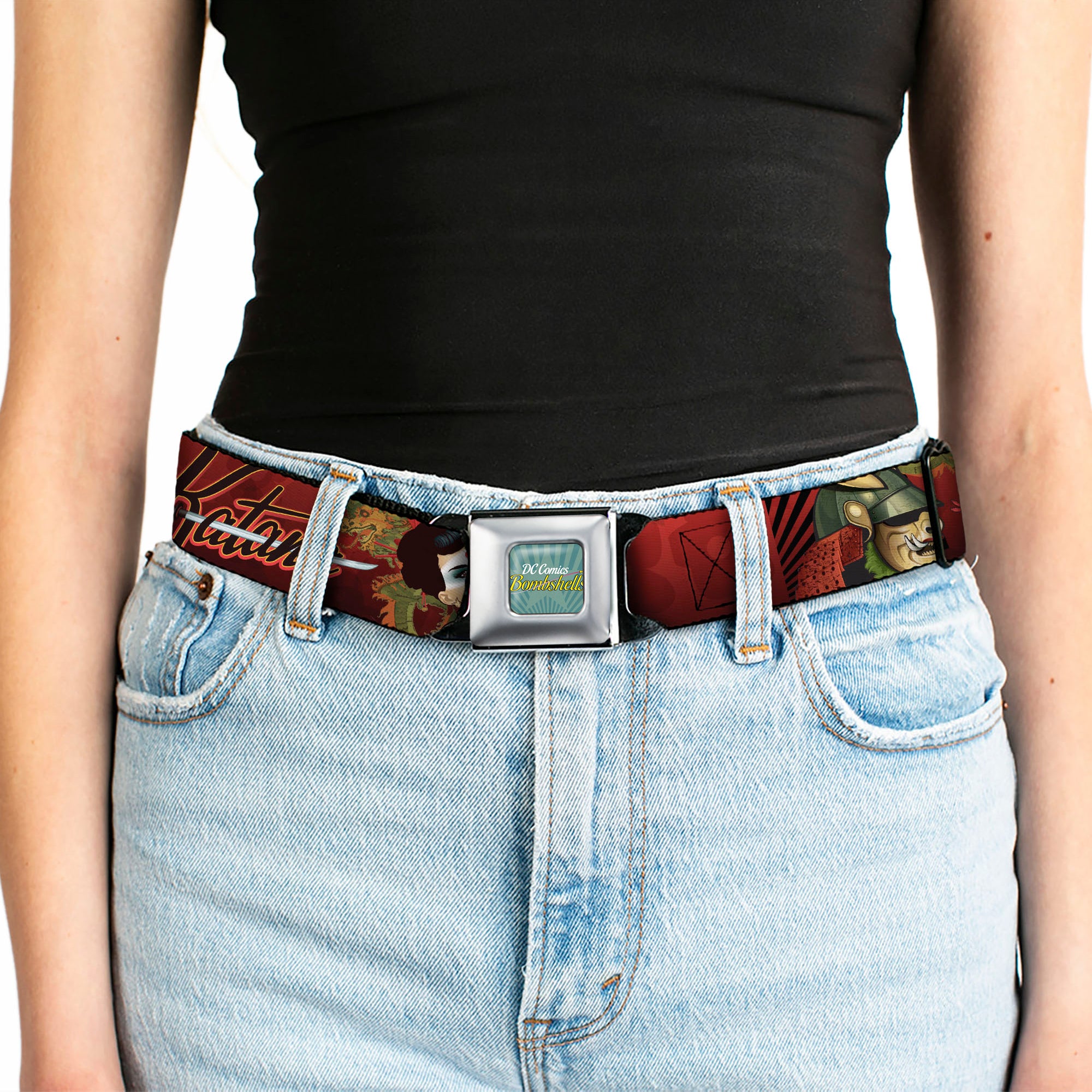 DC BOMBSHELLS Star Rays Full Color Blues Seatbelt Belt - KATANA Poses & Samurai Dragons/Rays Reds/Black Webbing Seatbelt Belts DC Comics