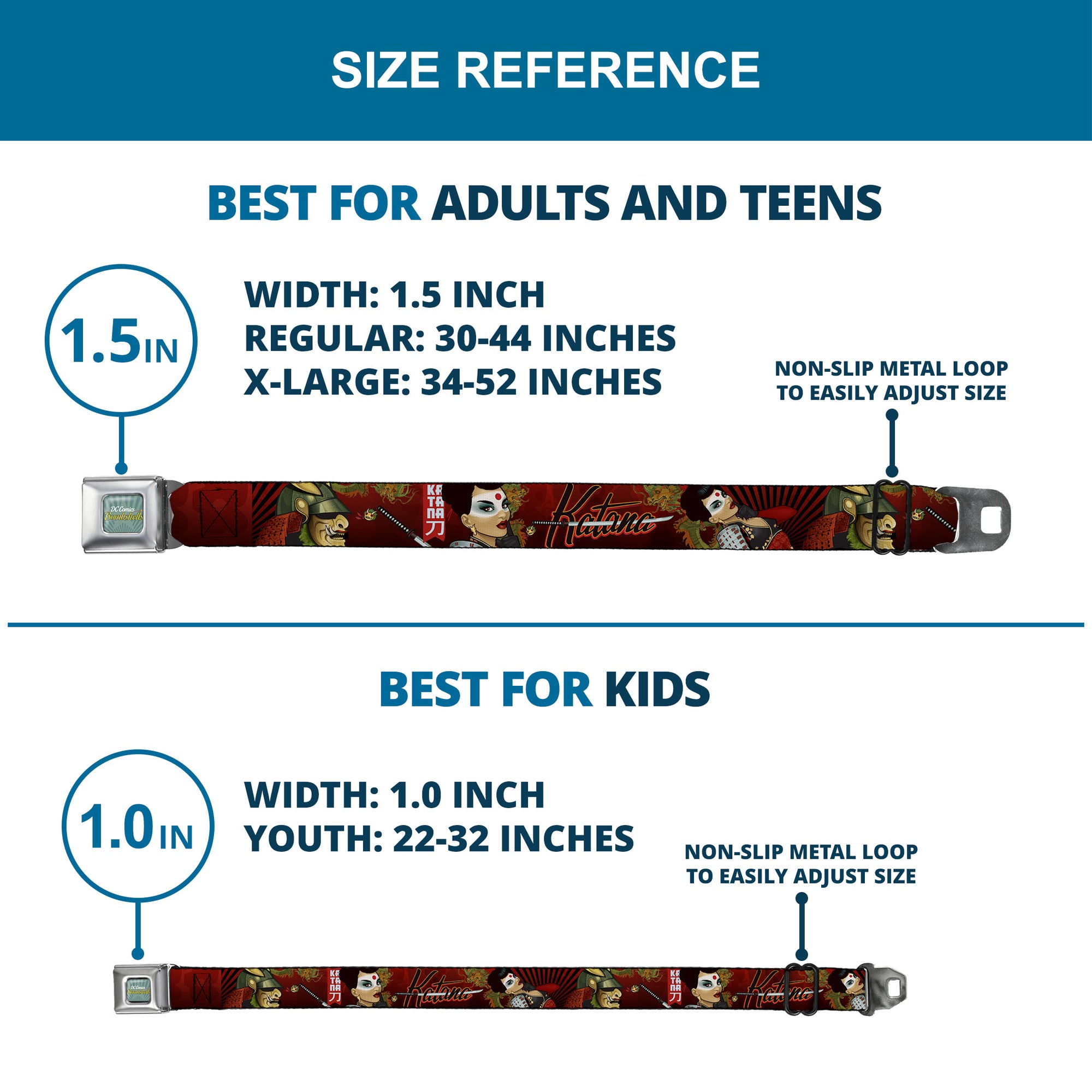 DC BOMBSHELLS Star Rays Full Color Blues Seatbelt Belt - KATANA Poses & Samurai Dragons/Rays Reds/Black Webbing Seatbelt Belts DC Comics