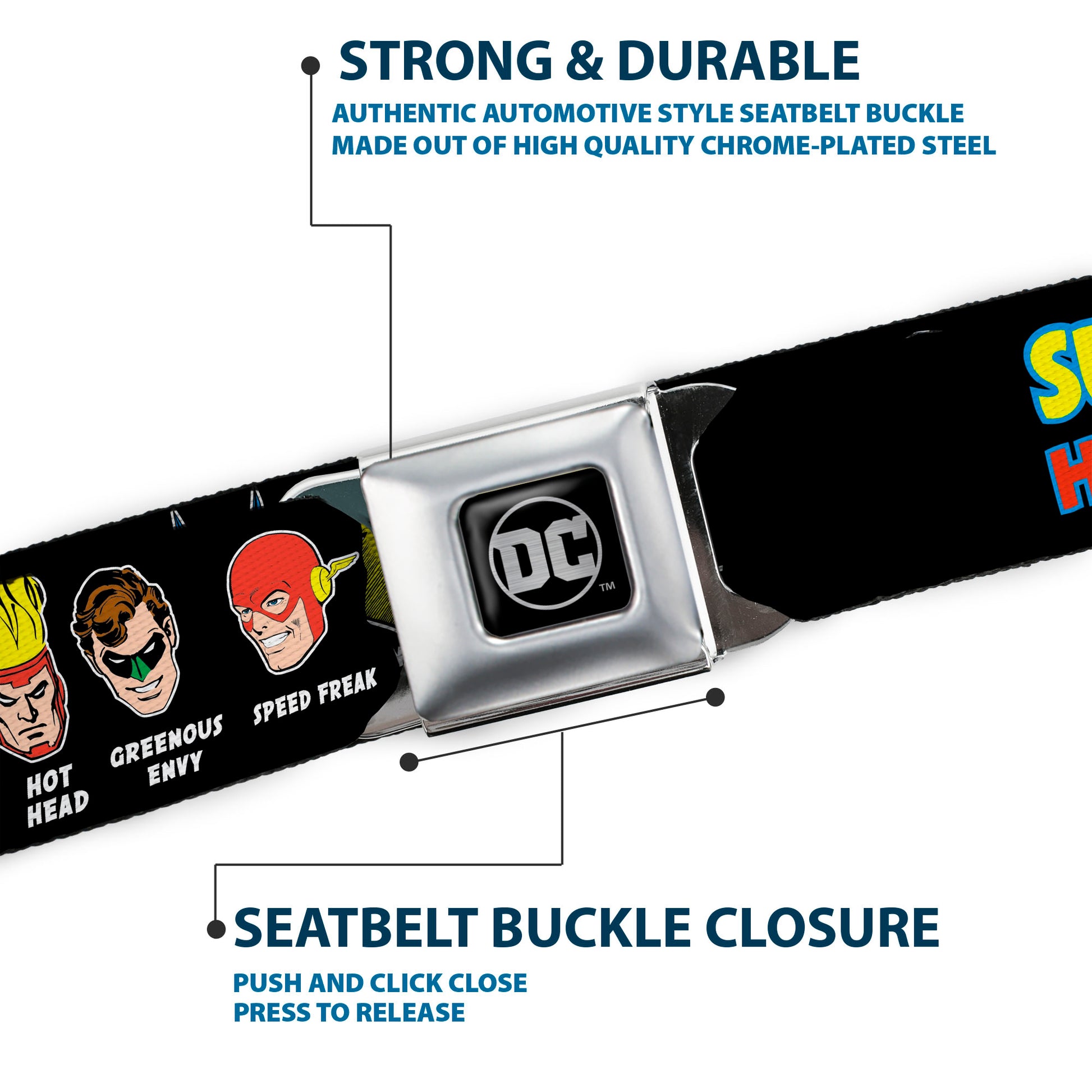 DC Round Logo Black/Silver Seatbelt Belt - DC Originals SUPER HEROES HAVE ISSUES TOO! Faces/Issues Black Webbing Seatbelt Belts DC Comics
