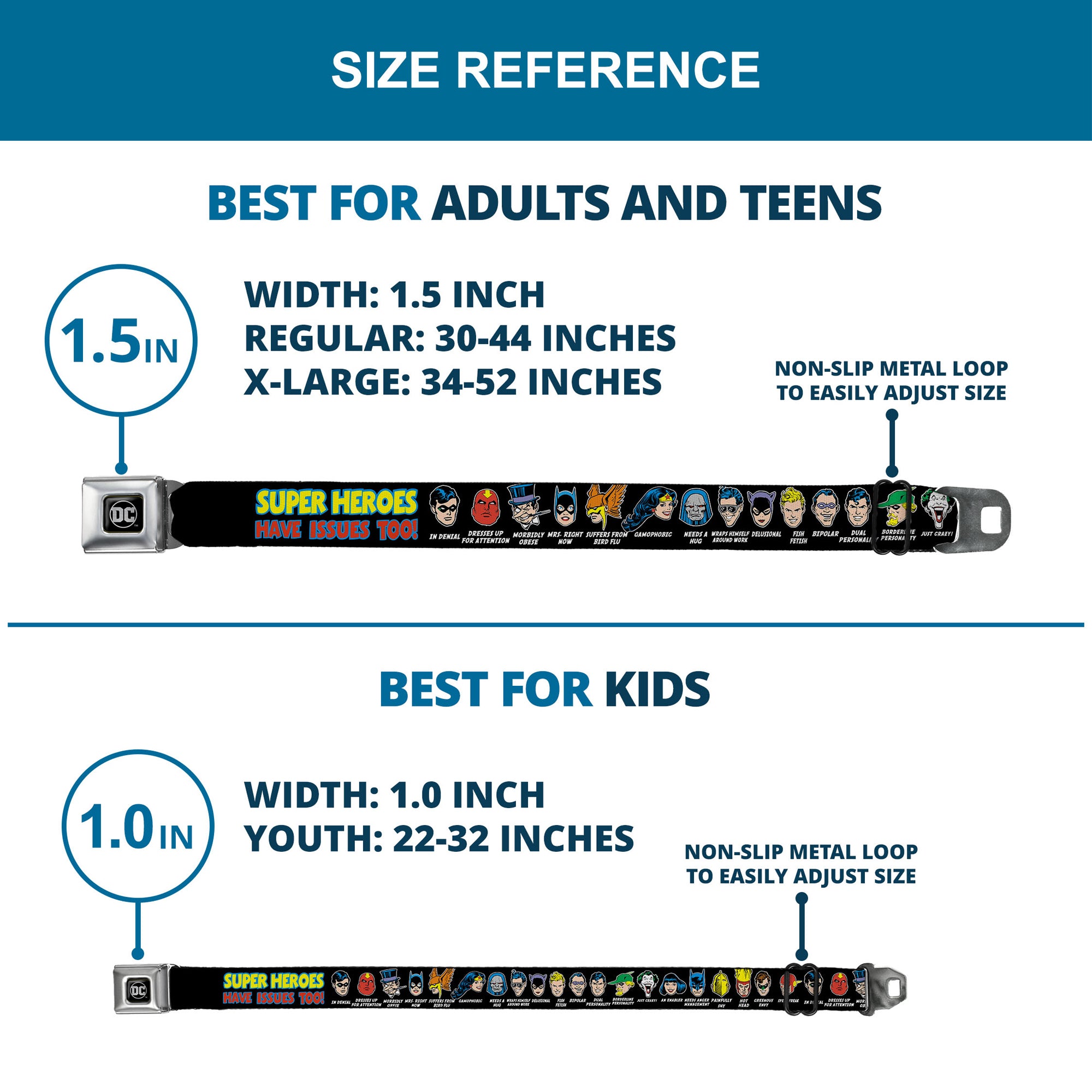 DC Round Logo Black/Silver Seatbelt Belt - DC Originals SUPER HEROES HAVE ISSUES TOO! Faces/Issues Black Webbing Seatbelt Belts DC Comics