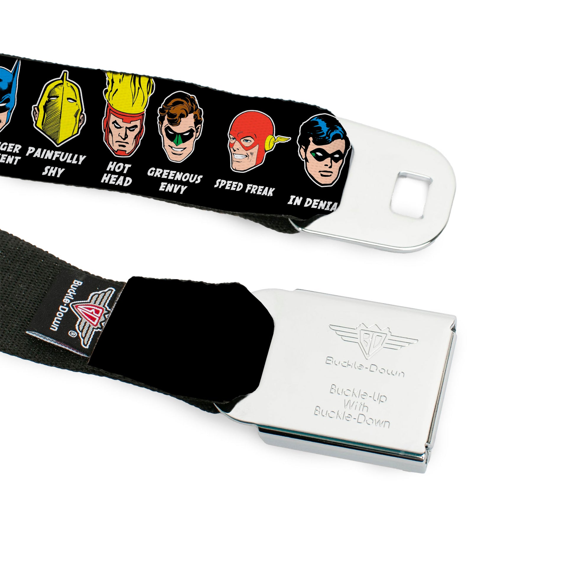 DC Round Logo Black/Silver Seatbelt Belt - DC Originals SUPER HEROES HAVE ISSUES TOO! Faces/Issues Black Webbing Seatbelt Belts DC Comics
