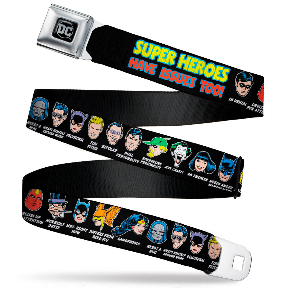 DC Round Logo Black/Silver Seatbelt Belt - DC Originals SUPER HEROES HAVE ISSUES TOO! Faces/Issues Black Webbing Seatbelt Belts DC Comics