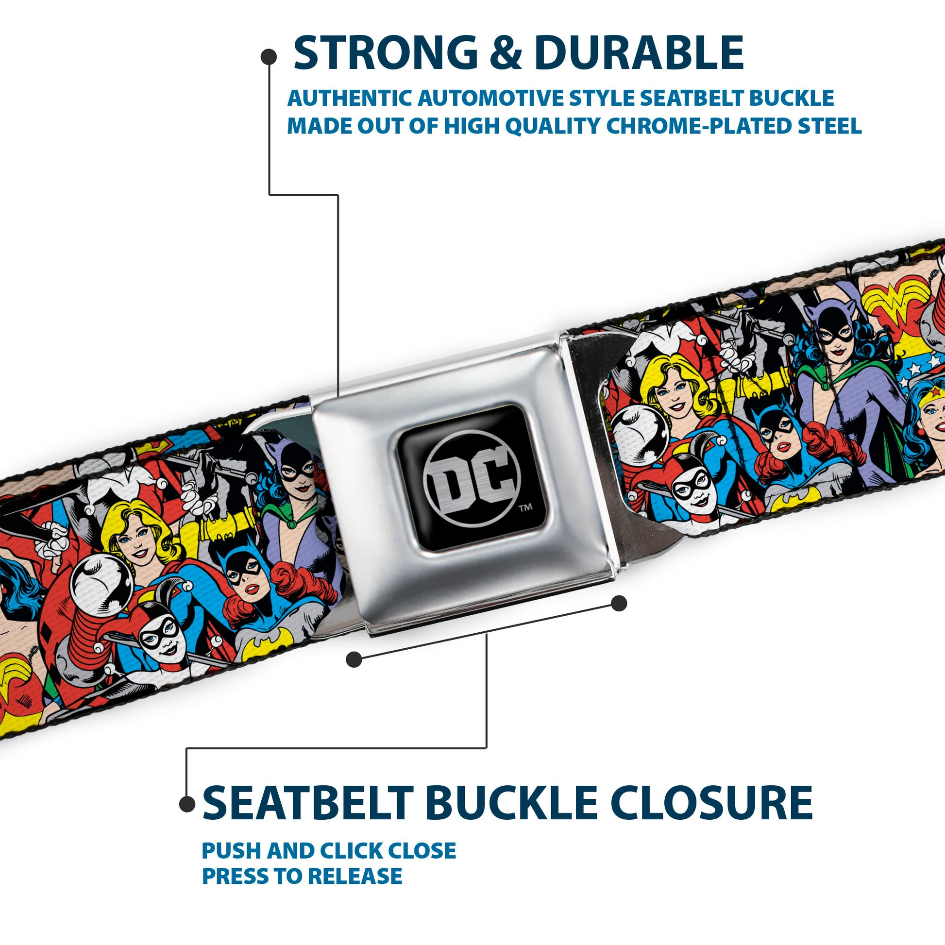 DC Round Logo Black/Silver Seatbelt Belt - DC Comics 3-Superheroine/2-Villain Character Collage Webbing Seatbelt Belts DC Comics
