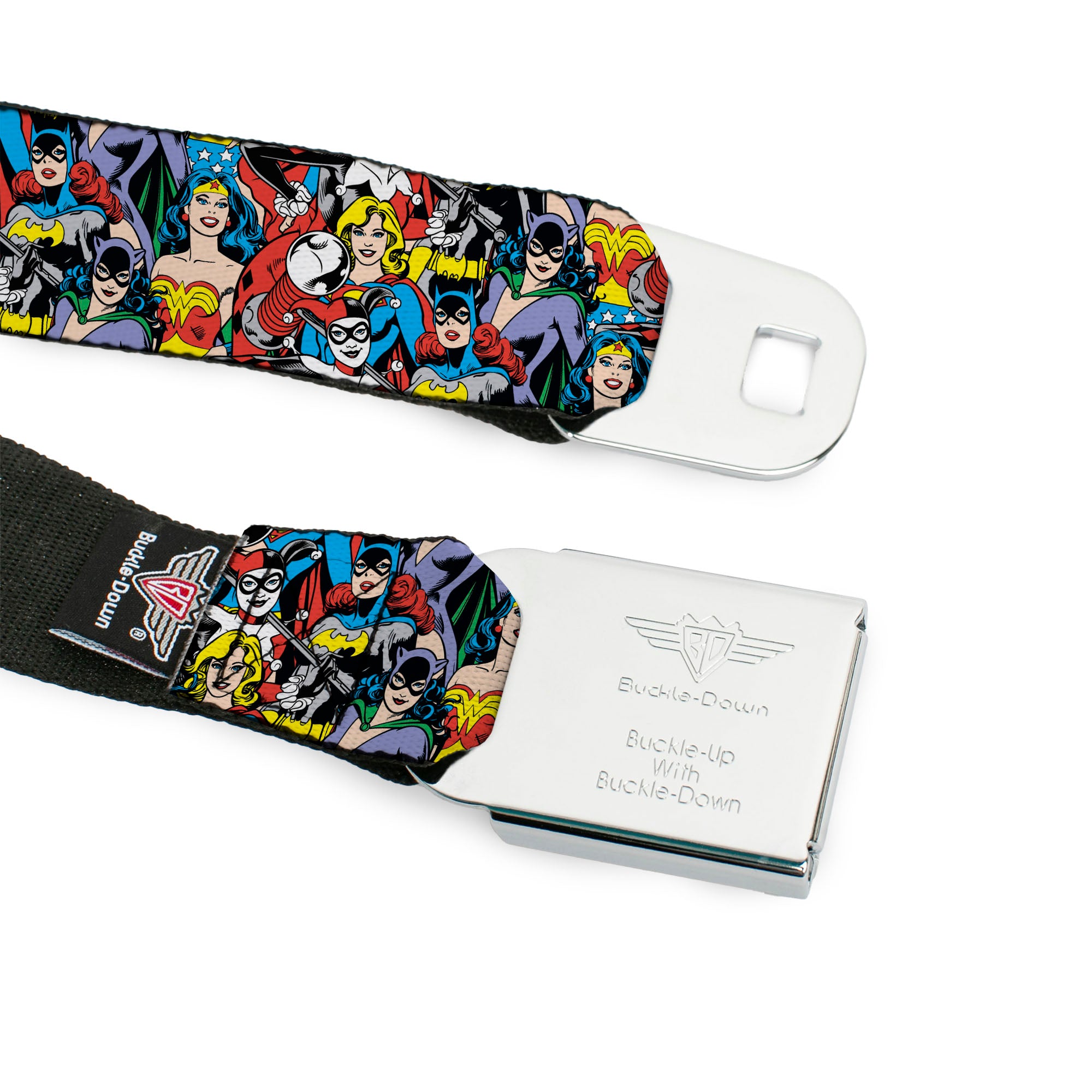 DC Round Logo Black/Silver Seatbelt Belt - DC Comics 3-Superheroine/2-Villain Character Collage Webbing Seatbelt Belts DC Comics