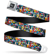 DC Round Logo Black/Silver Seatbelt Belt - DC Comics 3-Superheroine/2-Villain Character Collage Webbing Seatbelt Belts DC Comics