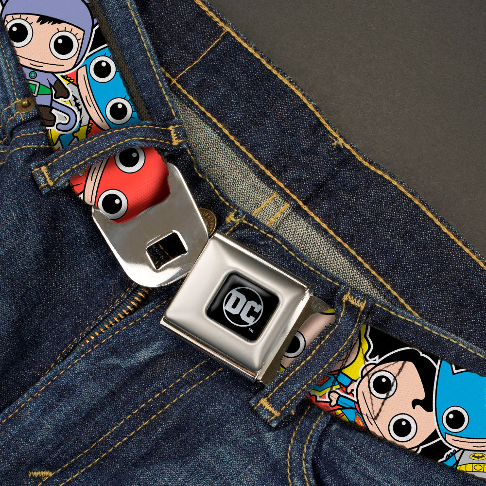 DC Round Logo Black/Silver Seatbelt Belt - DC Mini Group Stacked Black Webbing Seatbelt Belts DC Comics