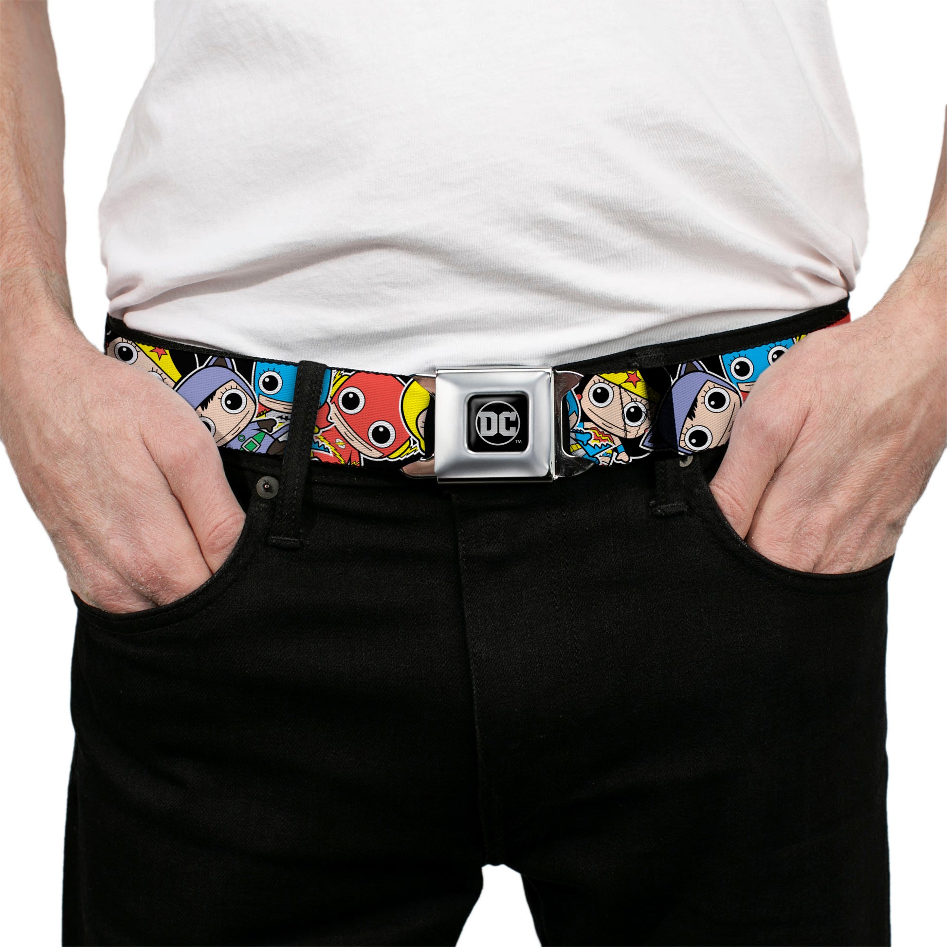 DC Round Logo Black/Silver Seatbelt Belt - DC Mini Group Stacked Black Webbing Seatbelt Belts DC Comics