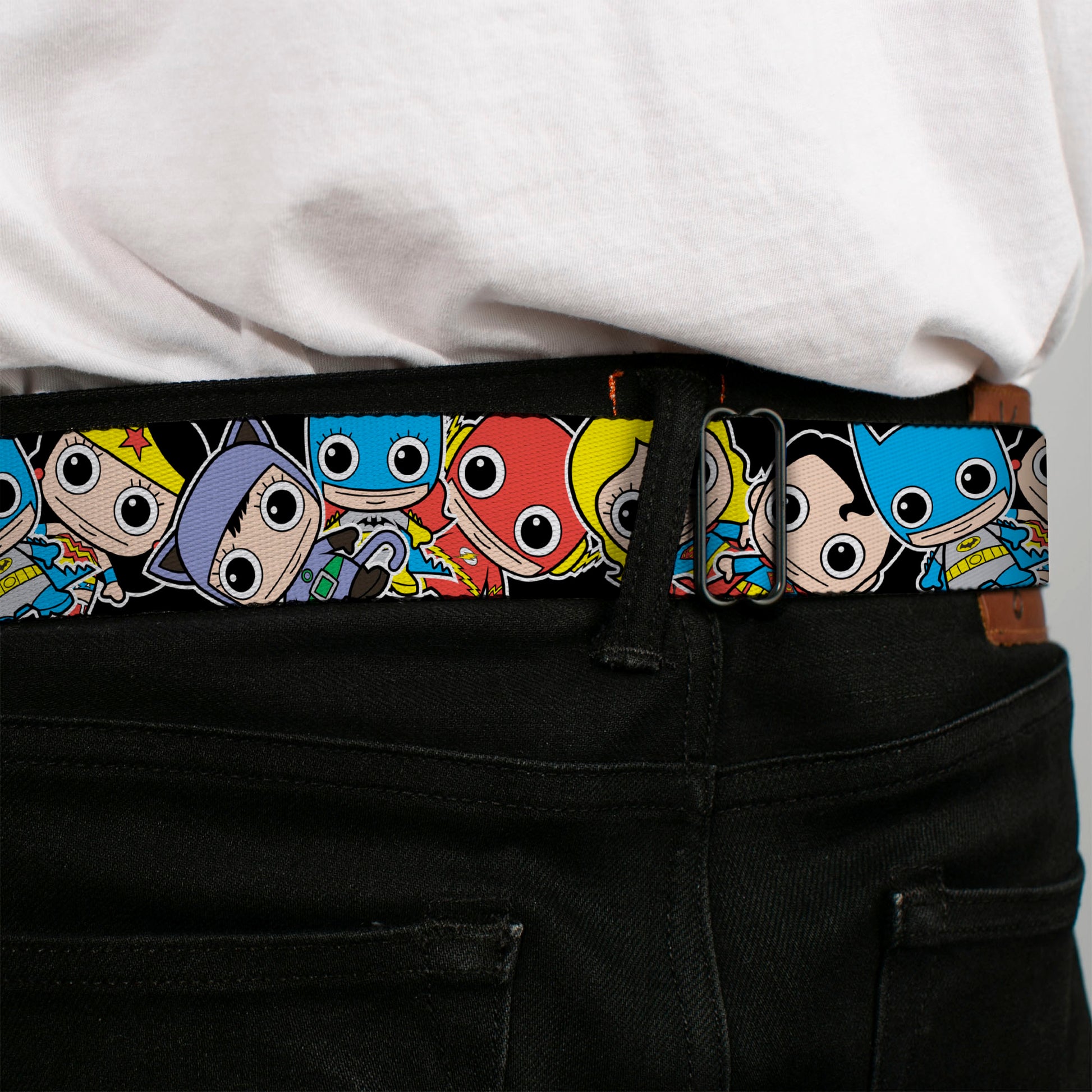 DC Round Logo Black/Silver Seatbelt Belt - DC Mini Group Stacked Black Webbing Seatbelt Belts DC Comics