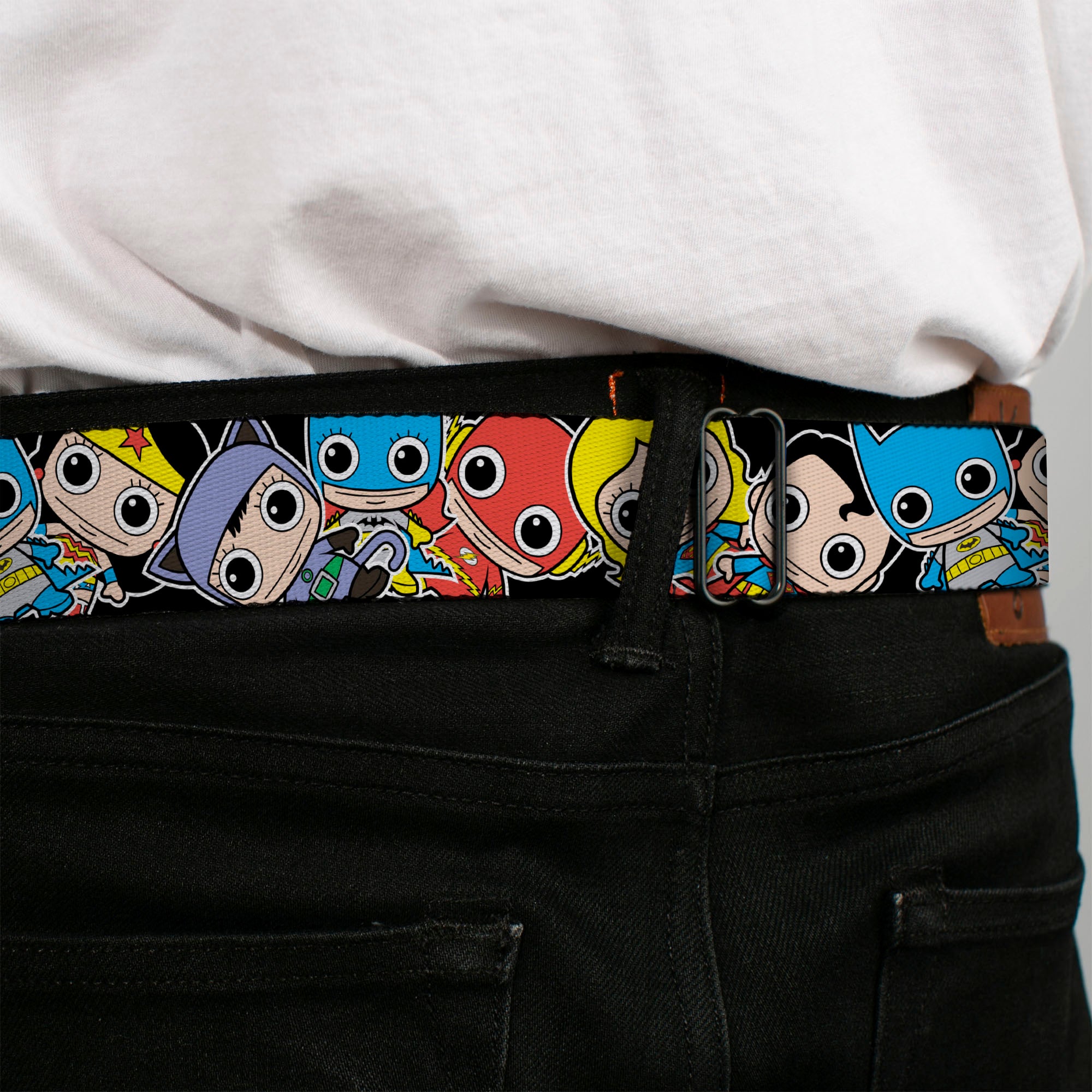 DC Round Logo Black/Silver Seatbelt Belt - DC Mini Group Stacked Black Webbing Seatbelt Belts DC Comics