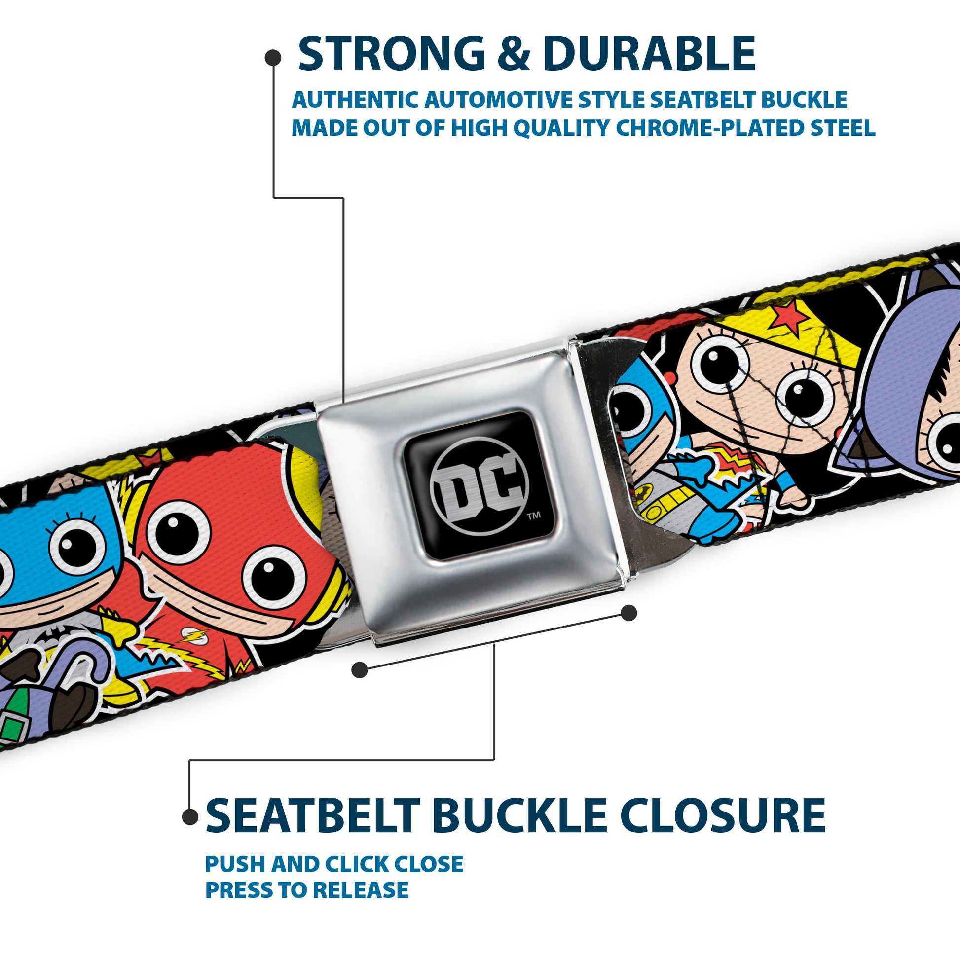DC Round Logo Black/Silver Seatbelt Belt - DC Mini Group Stacked Black Webbing Seatbelt Belts DC Comics