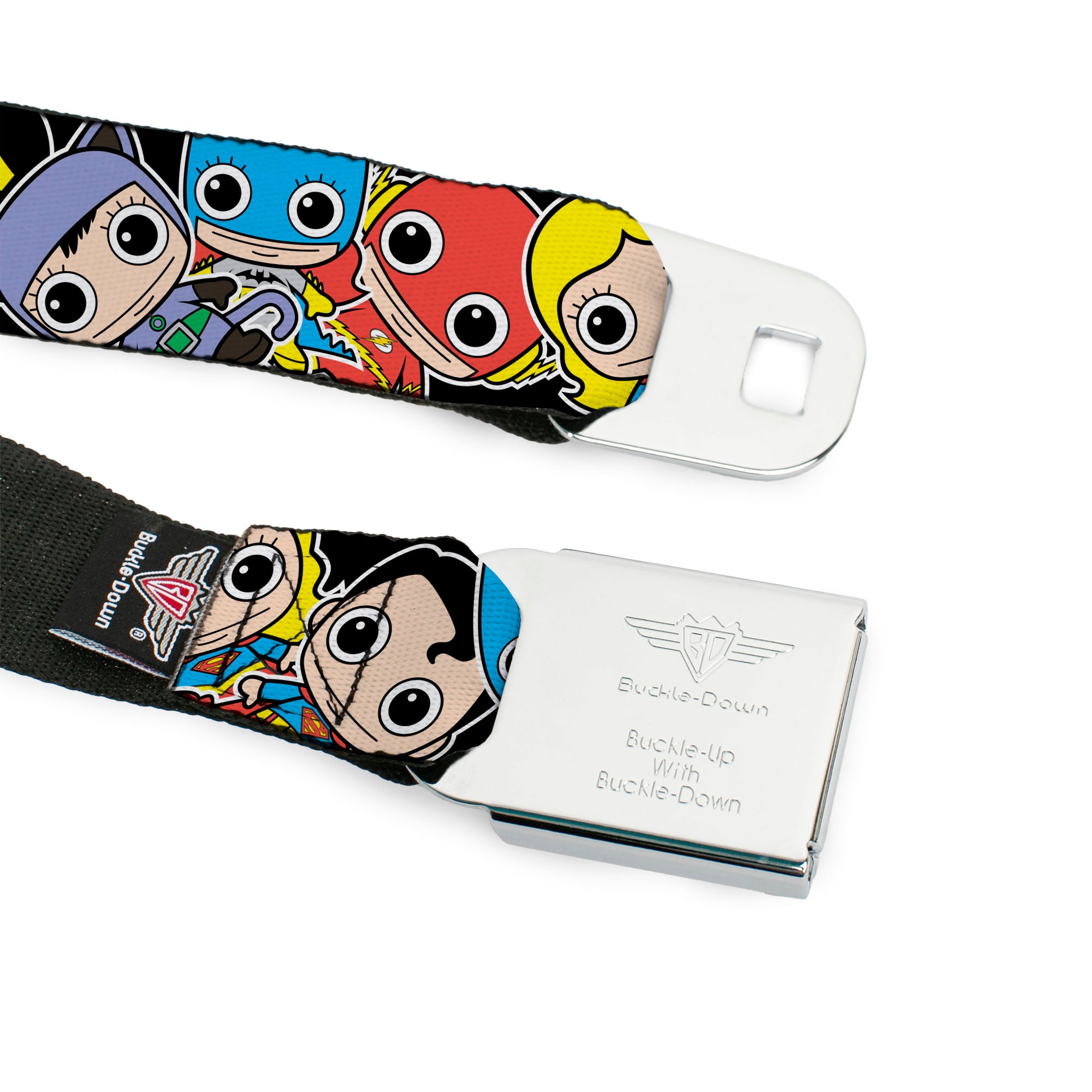 DC Round Logo Black/Silver Seatbelt Belt - DC Mini Group Stacked Black Webbing Seatbelt Belts DC Comics