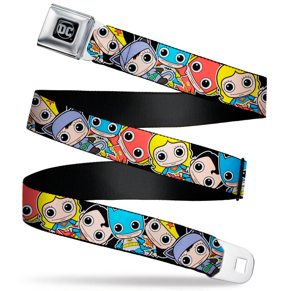 DC Round Logo Black/Silver Seatbelt Belt - DC Mini Group Stacked Black Webbing Seatbelt Belts DC Comics