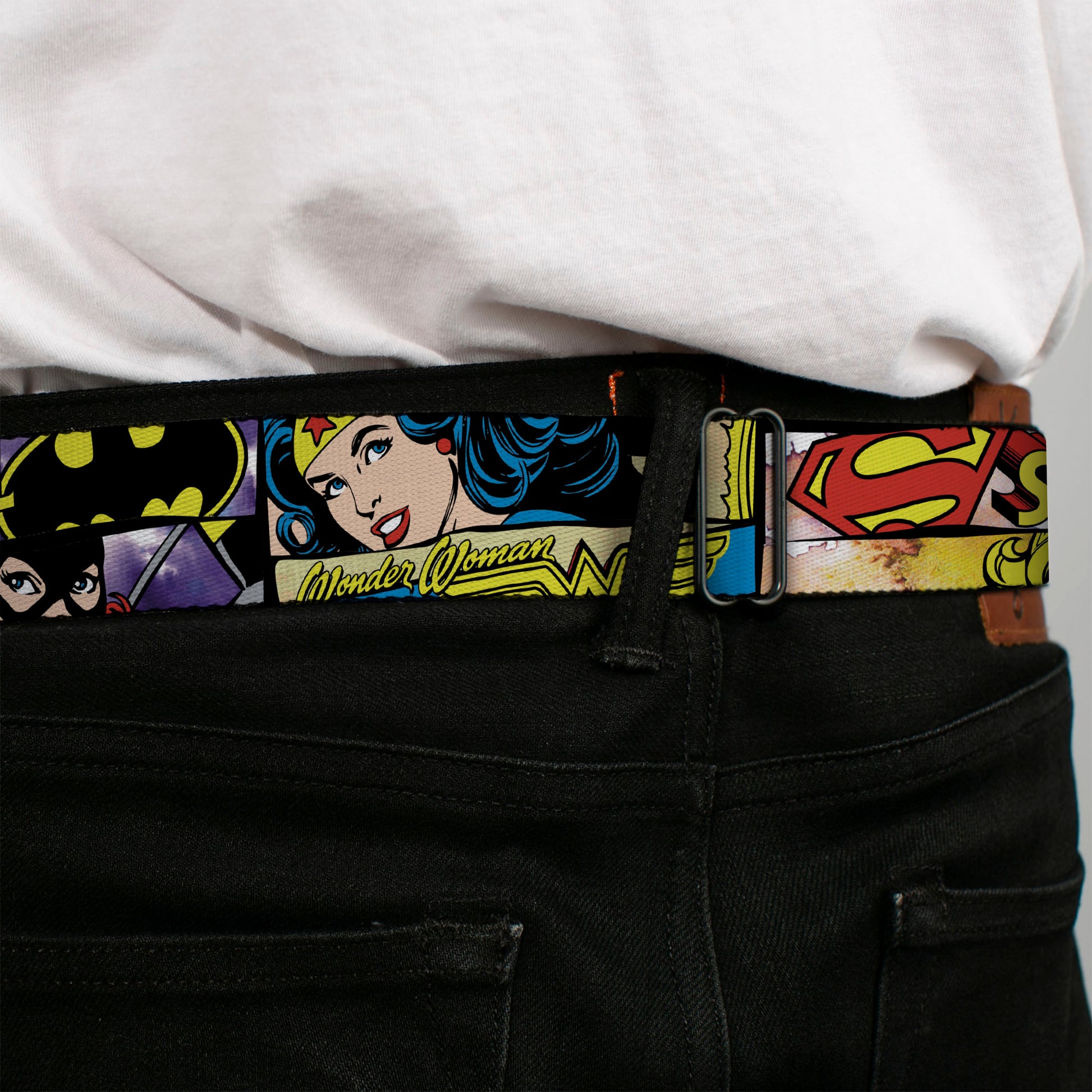 DC Round Logo Black/Silver Seatbelt Belt - Superheroines Wonder Woman/Supergirl/Batgirl Webbing Seatbelt Belts DC Comics