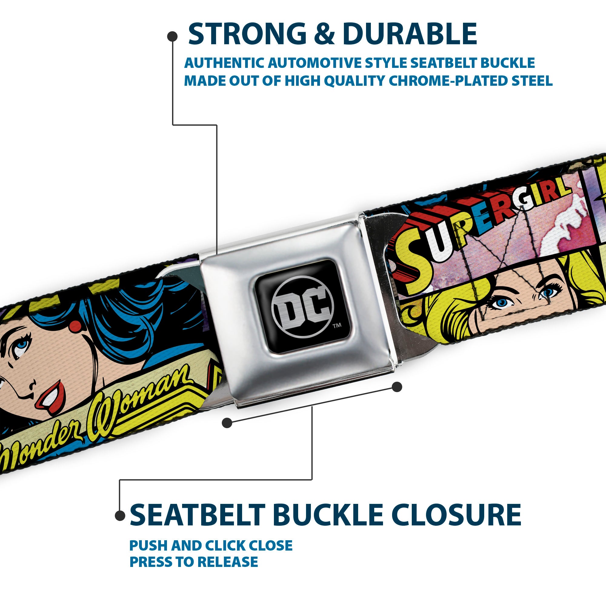 DC Round Logo Black/Silver Seatbelt Belt - Superheroines Wonder Woman/Supergirl/Batgirl Webbing Seatbelt Belts DC Comics