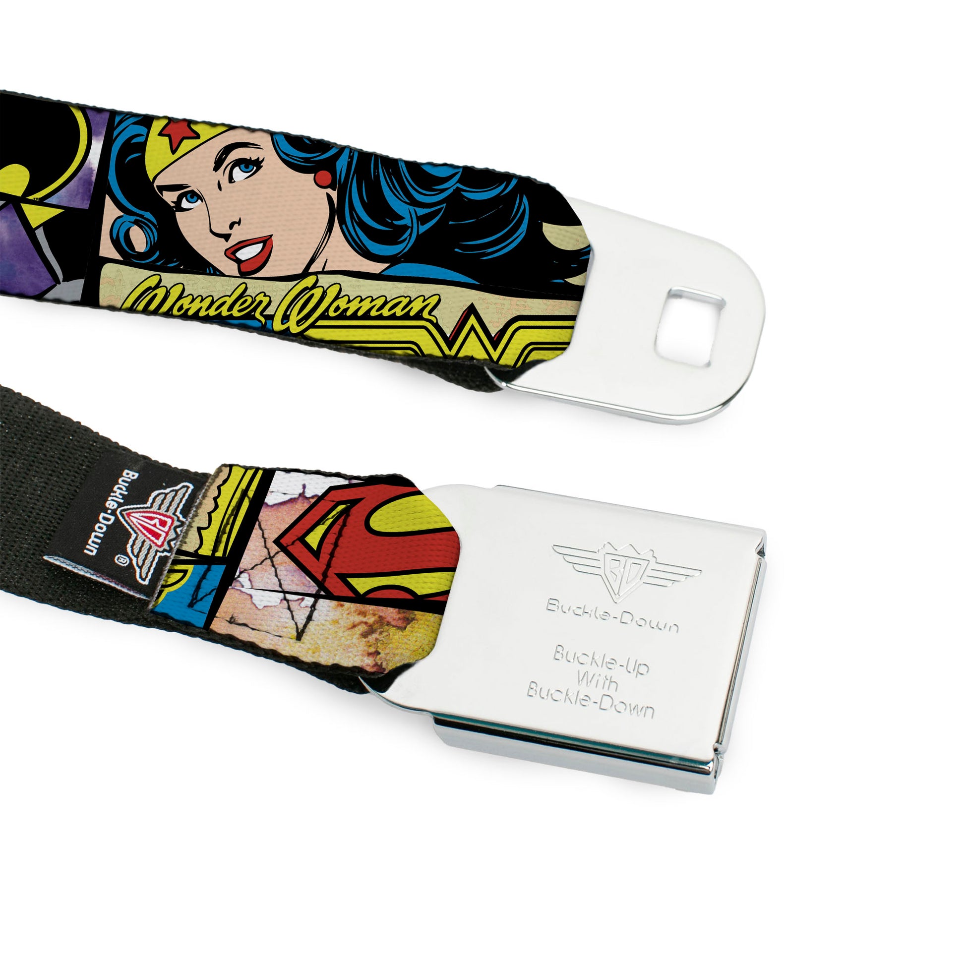 DC Round Logo Black/Silver Seatbelt Belt - Superheroines Wonder Woman/Supergirl/Batgirl Webbing Seatbelt Belts DC Comics