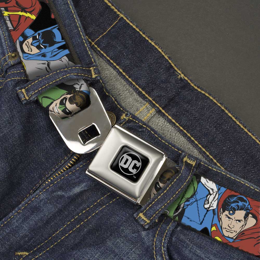 DC Round Logo Black/Silver Seatbelt Belt - Justice League Superheroes CLOSE-UP New Webbing Seatbelt Belts DC Comics