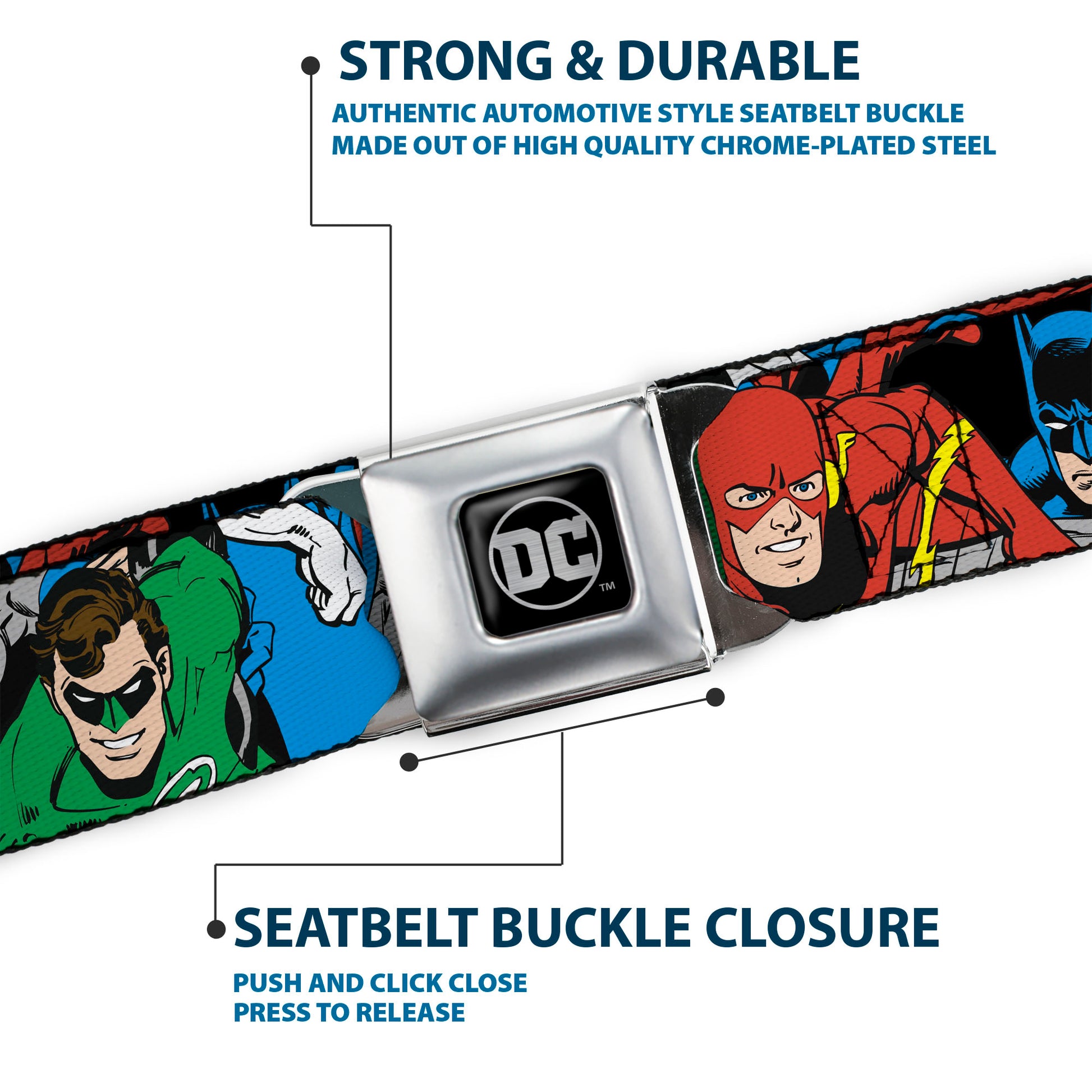 DC Round Logo Black/Silver Seatbelt Belt - Justice League Superheroes CLOSE-UP New Webbing Seatbelt Belts DC Comics