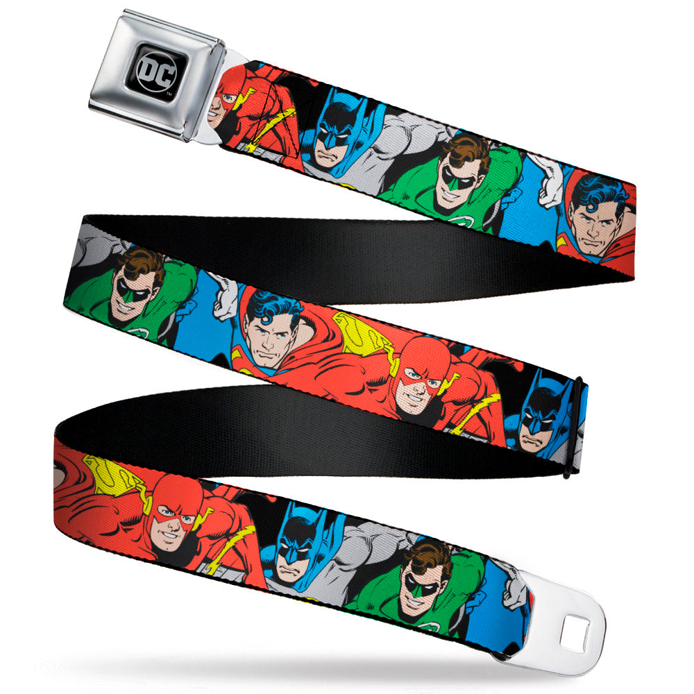 DC Round Logo Black/Silver Seatbelt Belt - Justice League Superheroes CLOSE-UP New Webbing Seatbelt Belts DC Comics