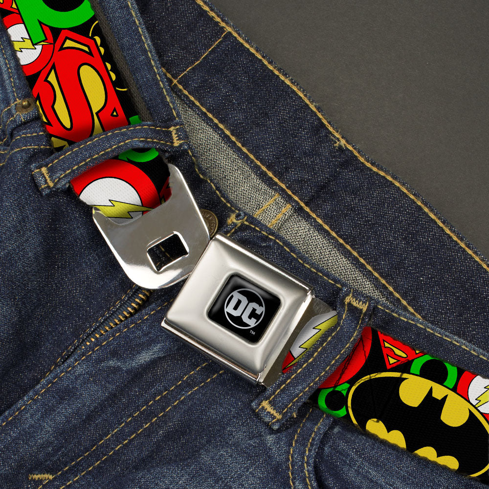 DC Round Logo Black/Silver Seatbelt Belt - Justice League Stacked Logos Webbing Seatbelt Belts DC Comics