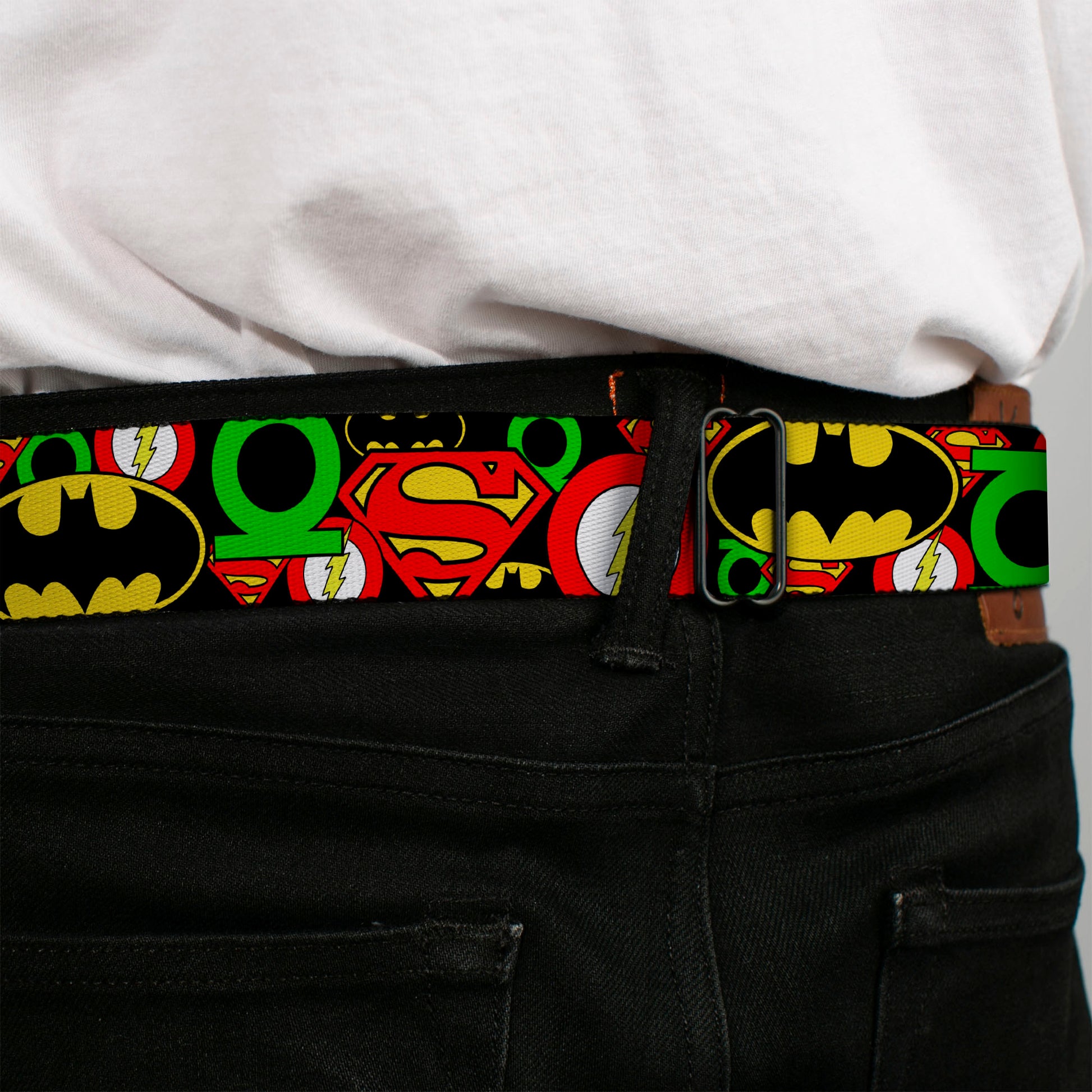 DC Round Logo Black/Silver Seatbelt Belt - Justice League Stacked Logos Webbing Seatbelt Belts DC Comics