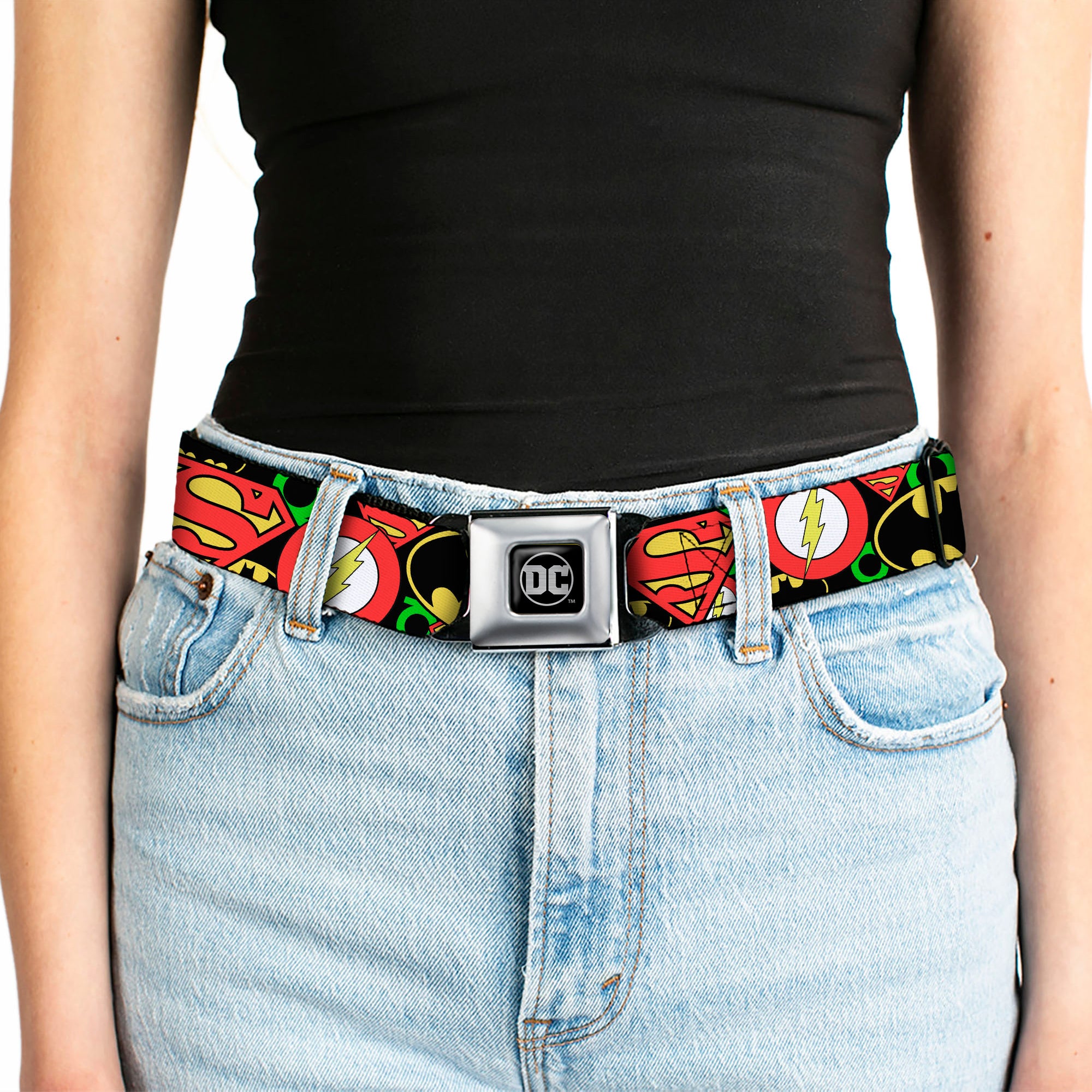 DC Round Logo Black/Silver Seatbelt Belt - Justice League Stacked Logos Webbing Seatbelt Belts DC Comics