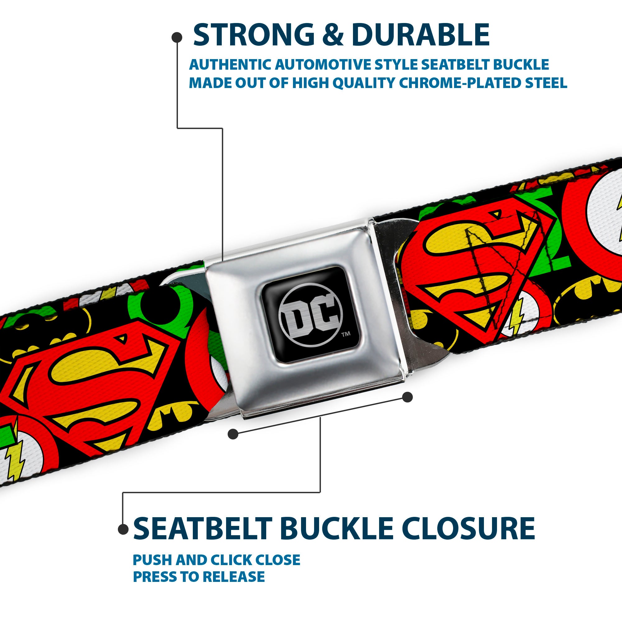 DC Round Logo Black/Silver Seatbelt Belt - Justice League Stacked Logos Webbing Seatbelt Belts DC Comics