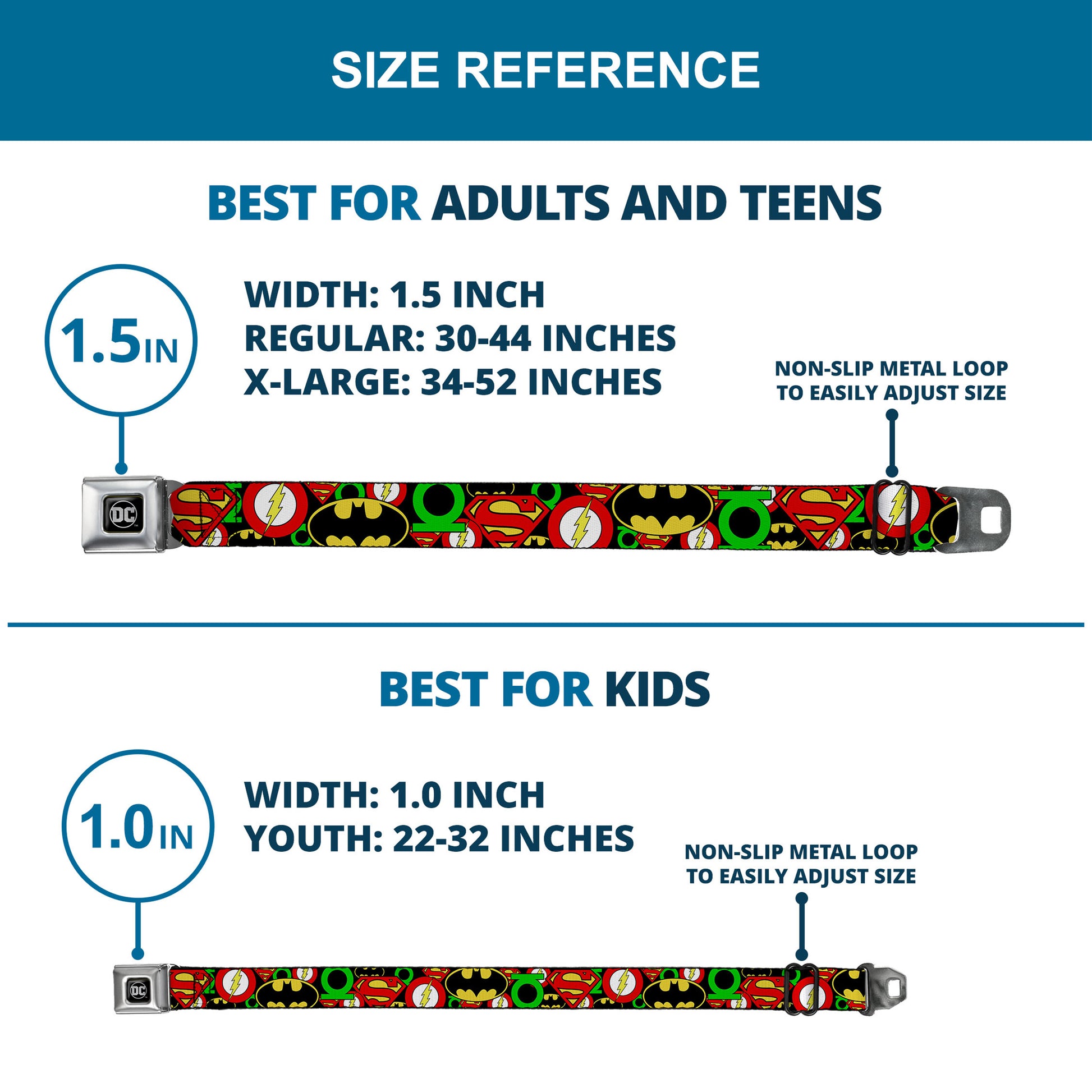 DC Round Logo Black/Silver Seatbelt Belt - Justice League Stacked Logos Webbing Seatbelt Belts DC Comics