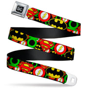 DC Round Logo Black/Silver Seatbelt Belt - Justice League Stacked Logos Webbing Seatbelt Belts DC Comics