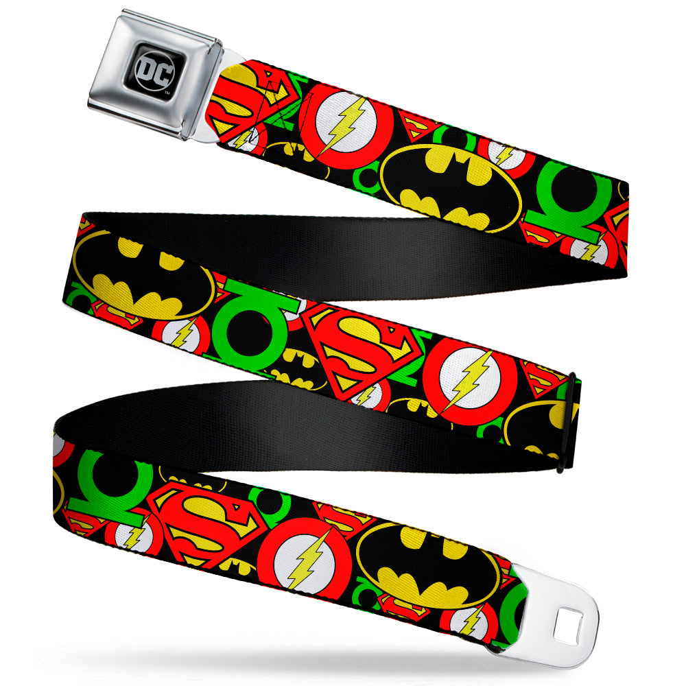 DC Round Logo Black/Silver Seatbelt Belt - Justice League Stacked Logos Webbing Seatbelt Belts DC Comics