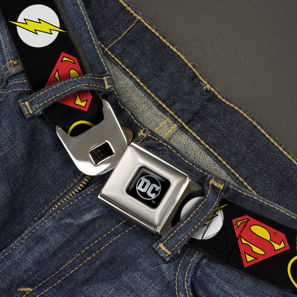 DC Round Logo Black/Silver Seatbelt Belt - Justice League Superhero Logos Webbing Seatbelt Belts DC Comics