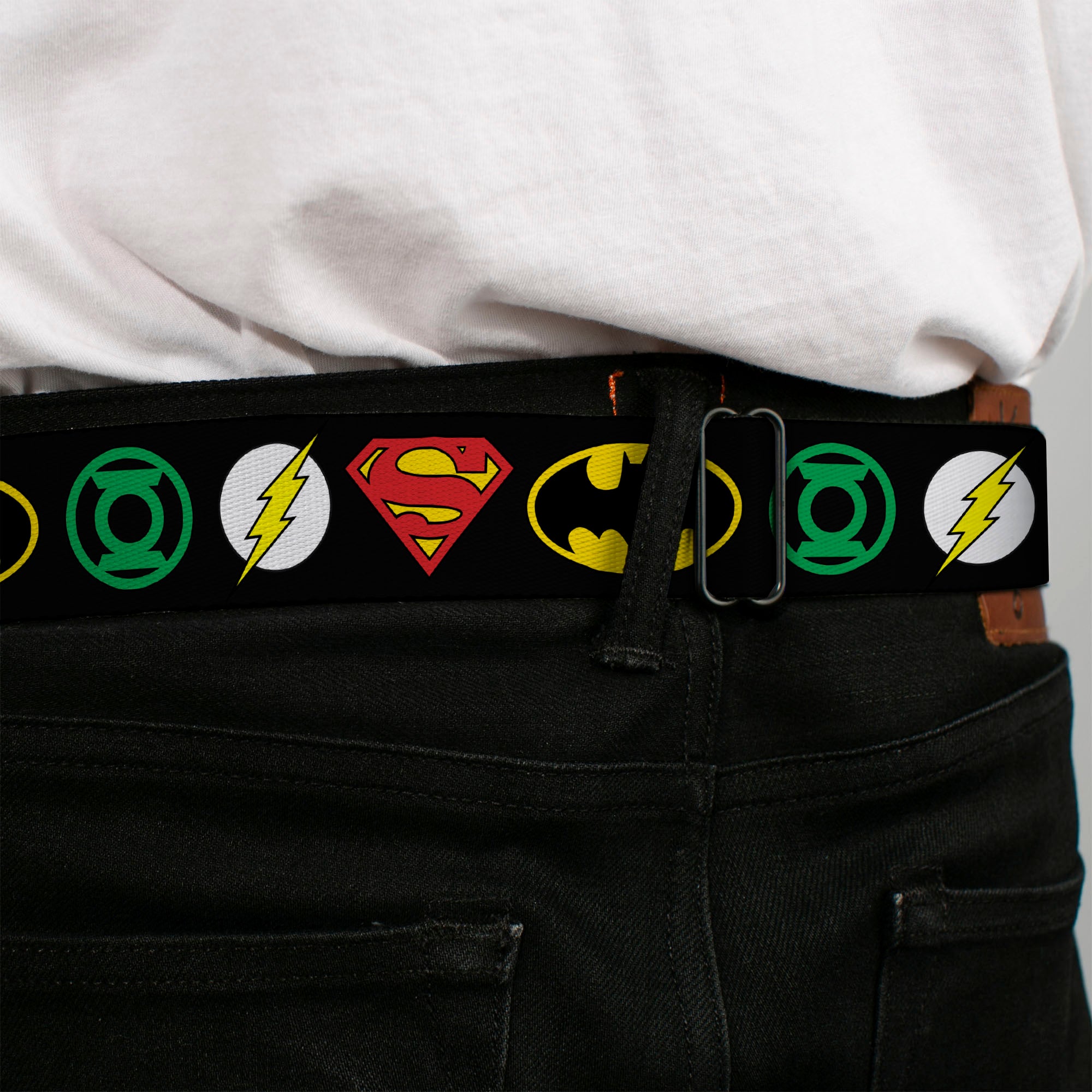 DC Round Logo Black/Silver Seatbelt Belt - Justice League Superhero Logos Webbing Seatbelt Belts DC Comics