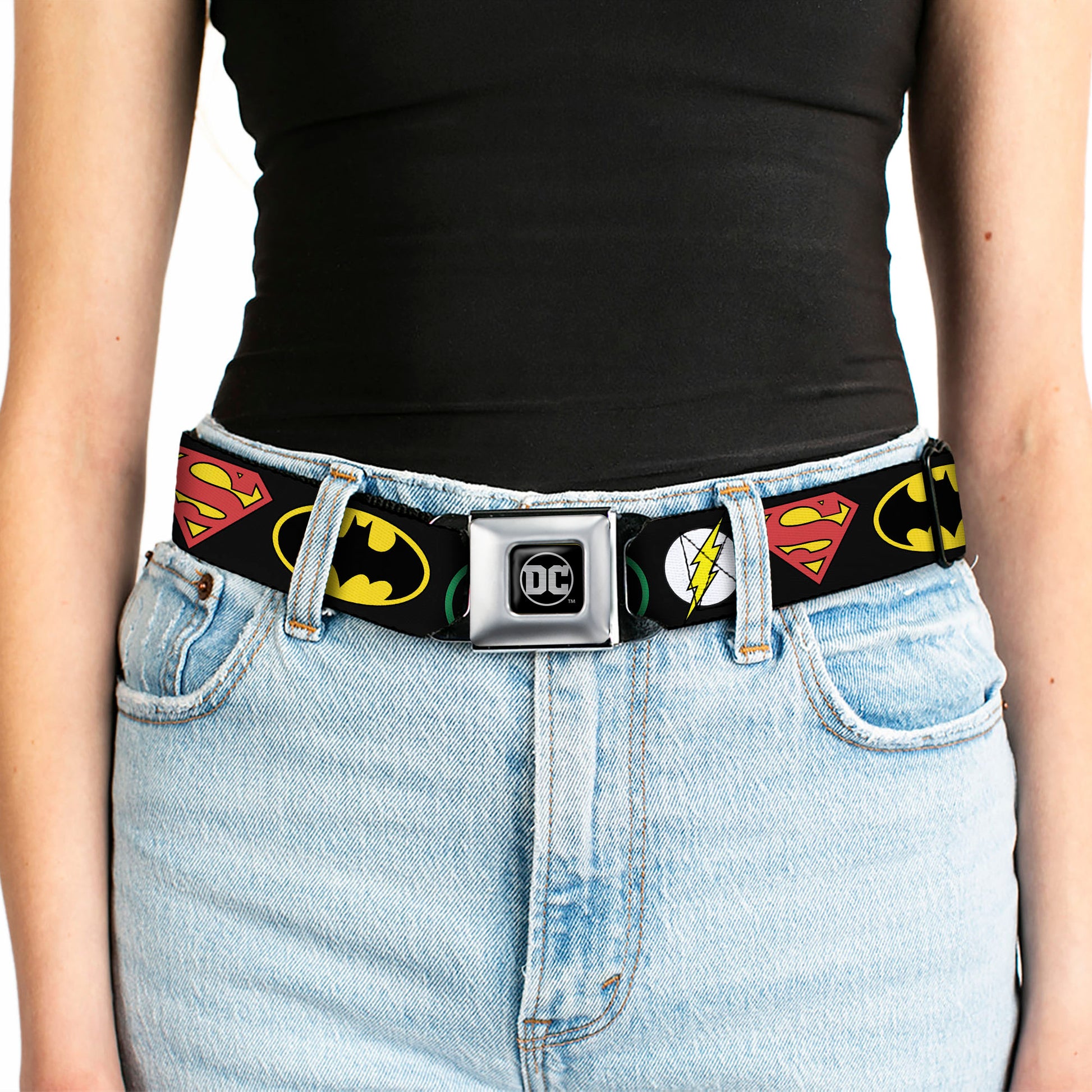 DC Round Logo Black/Silver Seatbelt Belt - Justice League Superhero Logos Webbing Seatbelt Belts DC Comics