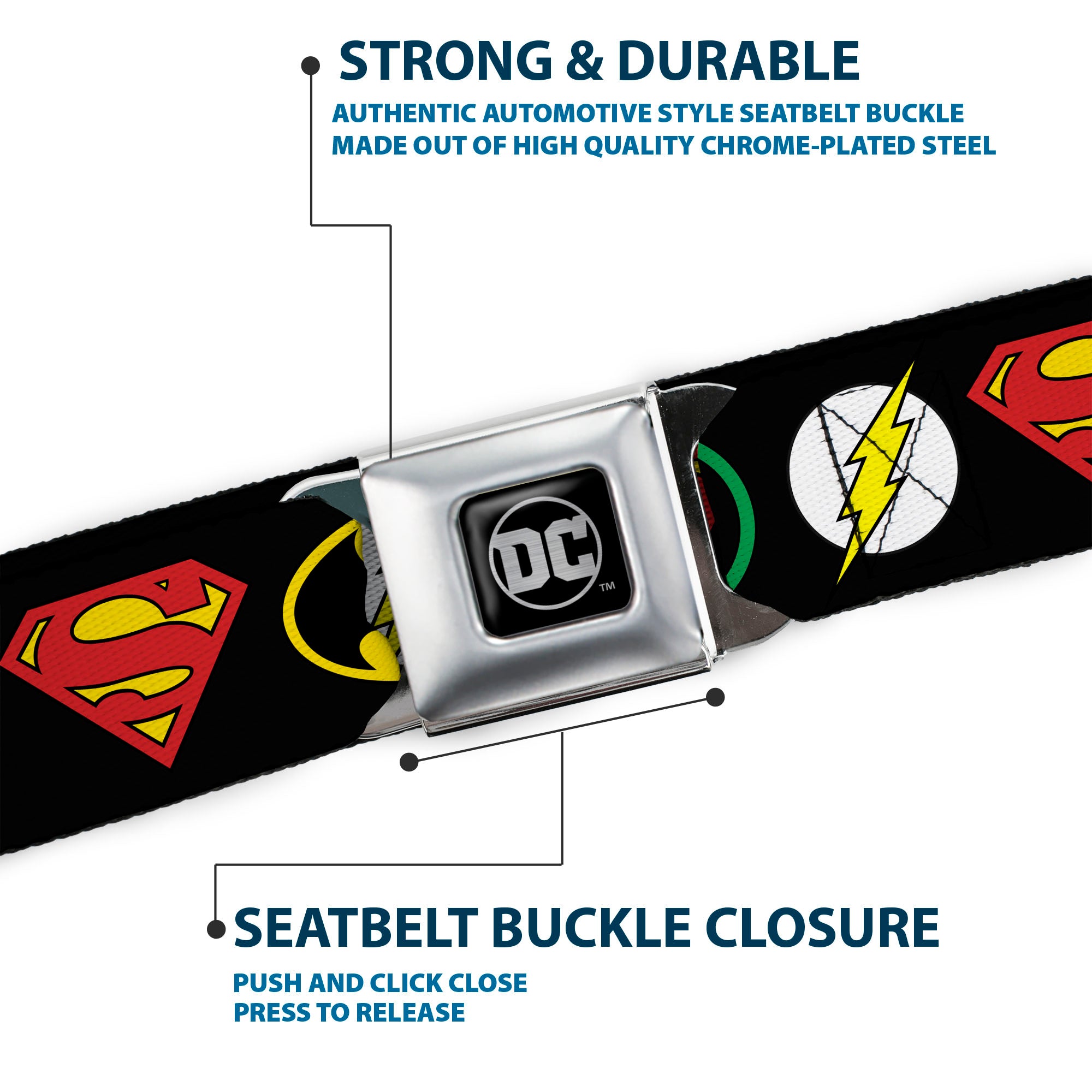 DC Round Logo Black/Silver Seatbelt Belt - Justice League Superhero Logos Webbing Seatbelt Belts DC Comics