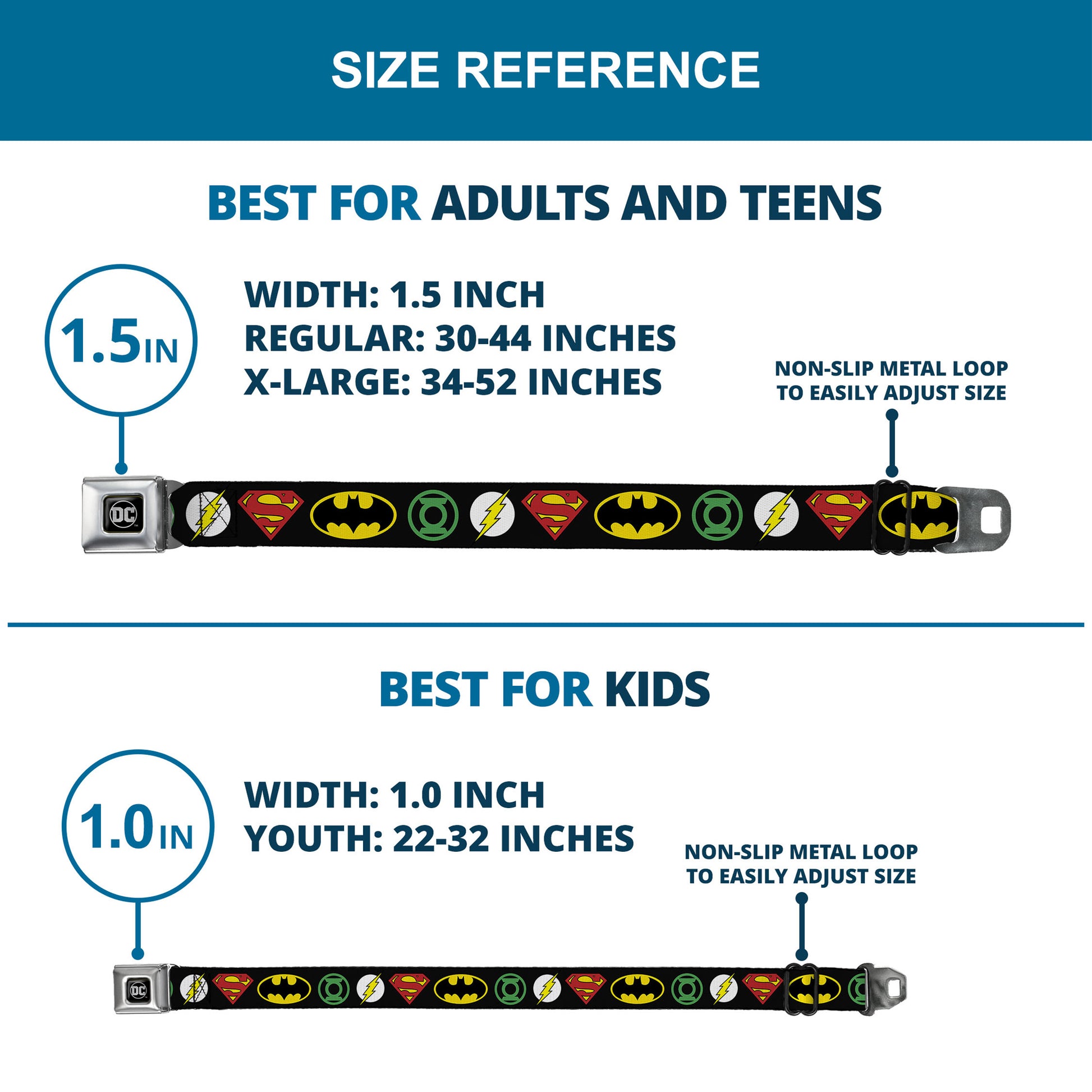 DC Round Logo Black/Silver Seatbelt Belt - Justice League Superhero Logos Webbing Seatbelt Belts DC Comics